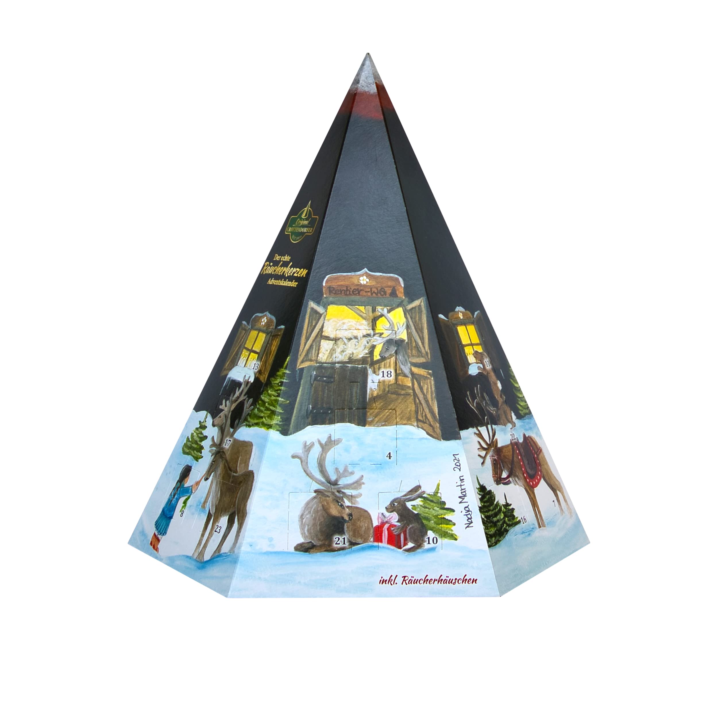 Der echte Räucherkerzen Adventskalender Pyramide mit Räucherhäuschen aus Metall und Original Crottendorfer Räucherkerzen