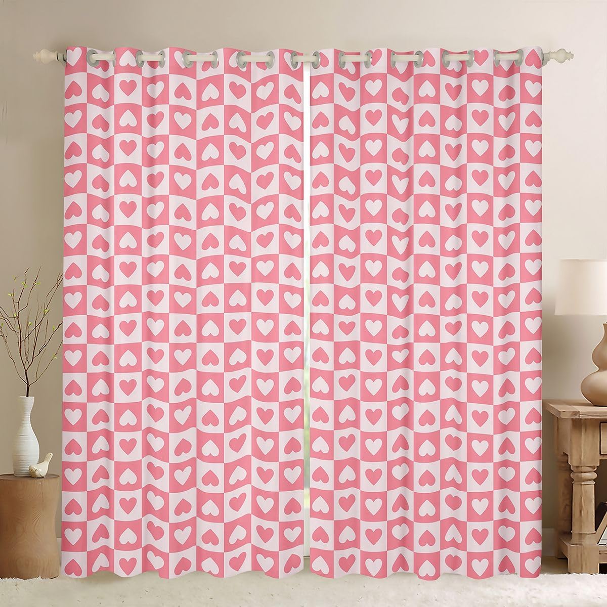 Feelyou Modern Plaid Print Curtains for Bedroom Living Room Checkered Heart Blackout Shades Geometric Room Darkening Curtain Light Pink Window Treatments, 2 Panels 52 x 84 Inch Decor