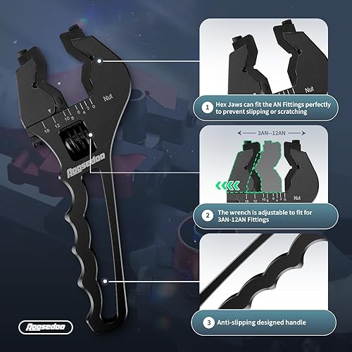 Miniatura 3 de AOOSEDOO Llave ajustable 3AN-12AN, herramienta de montaje, adaptador de manguera llave inglesa, llave de aluminio ligera, negra (con chaquetas de