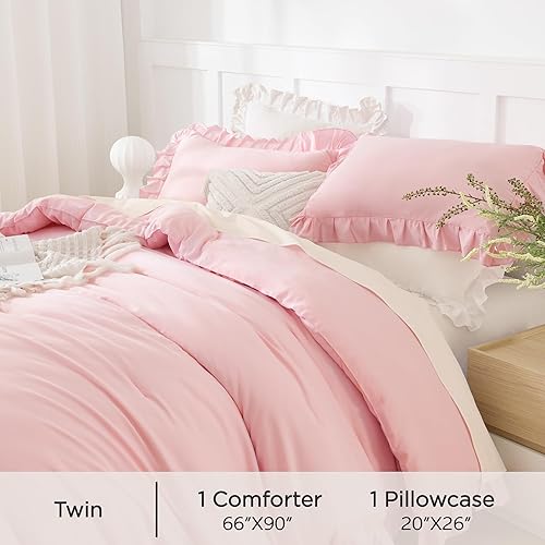 Miniatura 5 de Andency Juego de edredón rosa con volantes tamaño individual, juego de edredón para niños de 2 piezas individual (66 x 90 pulgadas), juego de