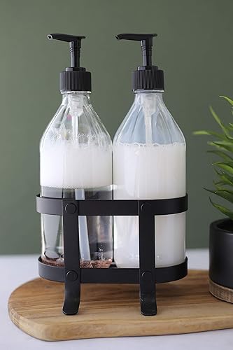 Miniatura 5 de Rail19 Juego de plato de cocina transparente vintage + dispensador de jabón de manos con soporte de metal negro, perfecto para fregadero de cocina,