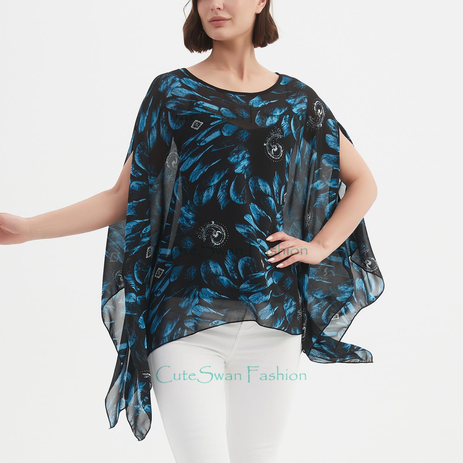 CuteSwan Camicetta da donna Lagenlook caftano con maniche a pipistrello in chiffon bohémien sciolto floreale camicetta tunica