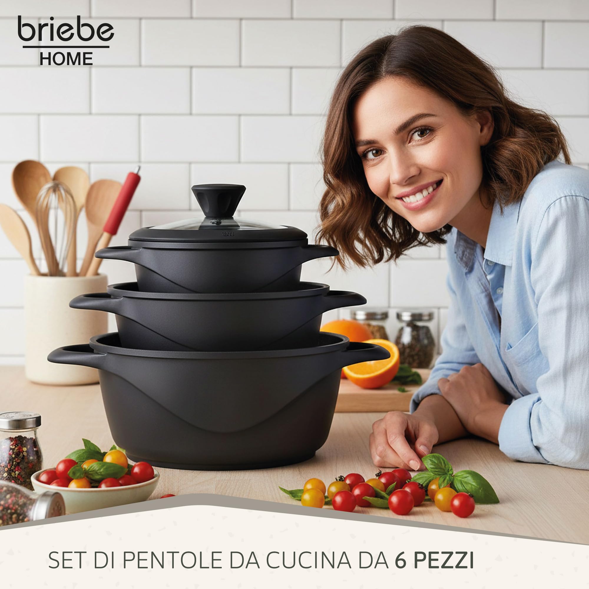 briebe Set Pentole Induzione Batteria 6 Pezzi, 3 Casseruola, Alluminio Pressofuso, Antiaderente ILAG GRANITEC senza PFOA, Coperchi in Vetro, Guanti in Silicone, Vetroceramica, Gas, Forno, MGK-18S