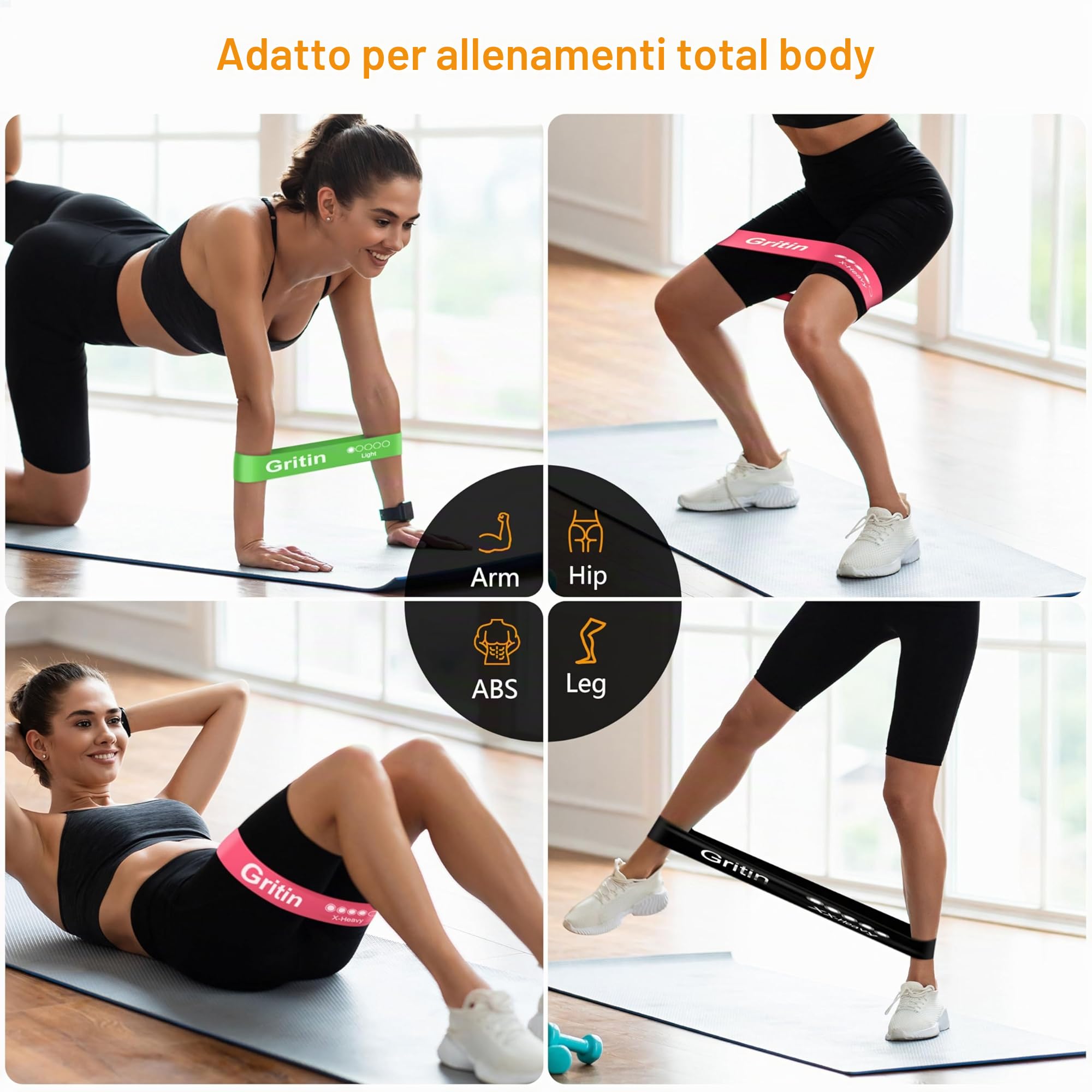 Gritin Elastici Fitness, Set di Fasce Bande Elastiche Fitness con 5 Diversi Livelli di Resistenza con Borse Portaoggetti, Elastici Palestra per Crossfit, Yoga, Pilates