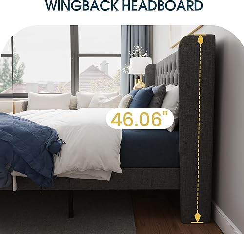 Miniatura 4 de WEEWAY Base de cama tapizada tamaño Queen con cabecera copetuda con respaldo de alas, plataforma moderna con soporte de listones de madera, fácil