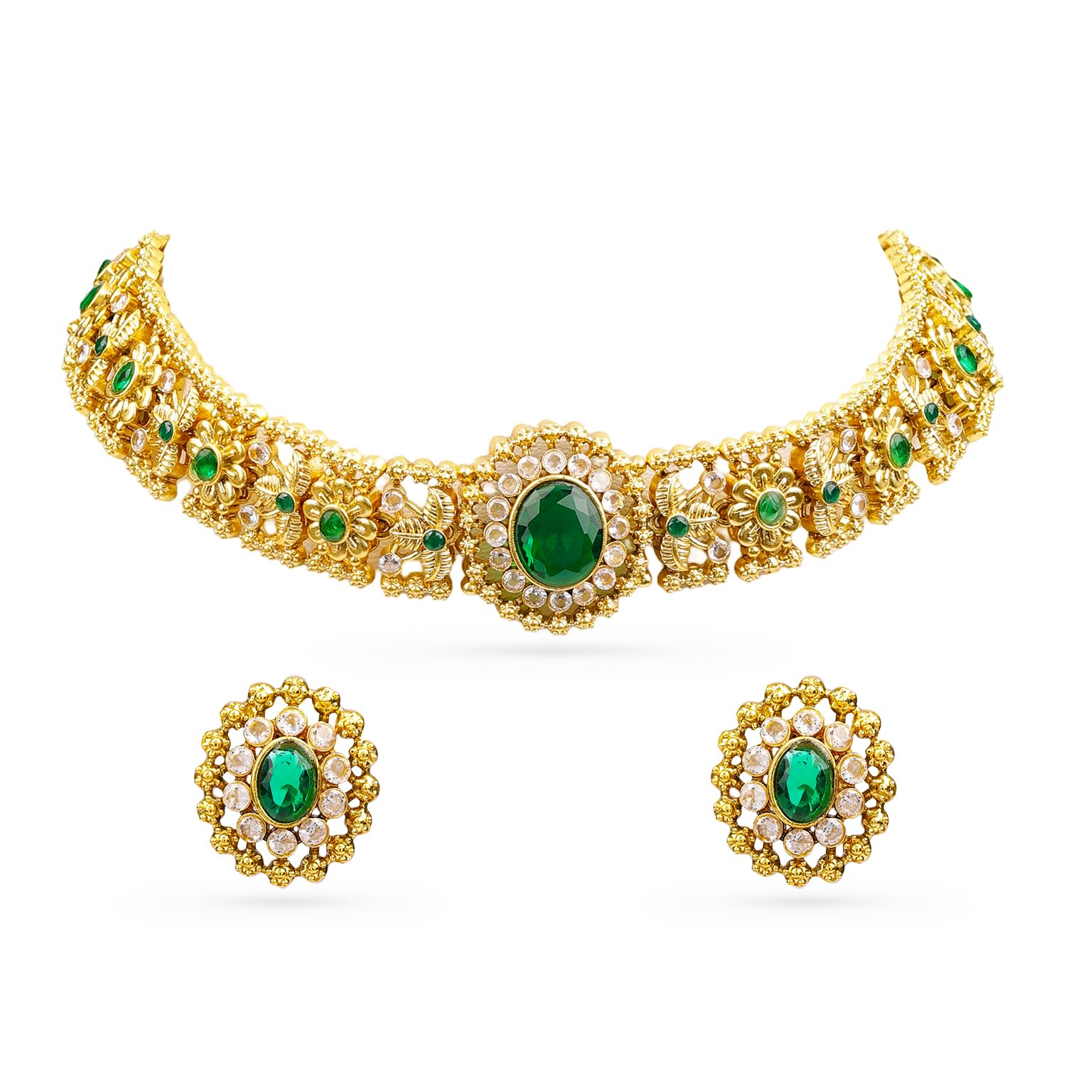 Rubans Gold Plated Emerald Green Cubic Zirconia Choker Necklace Set with Stud Earrings Traditional Ethnic Jewellery for