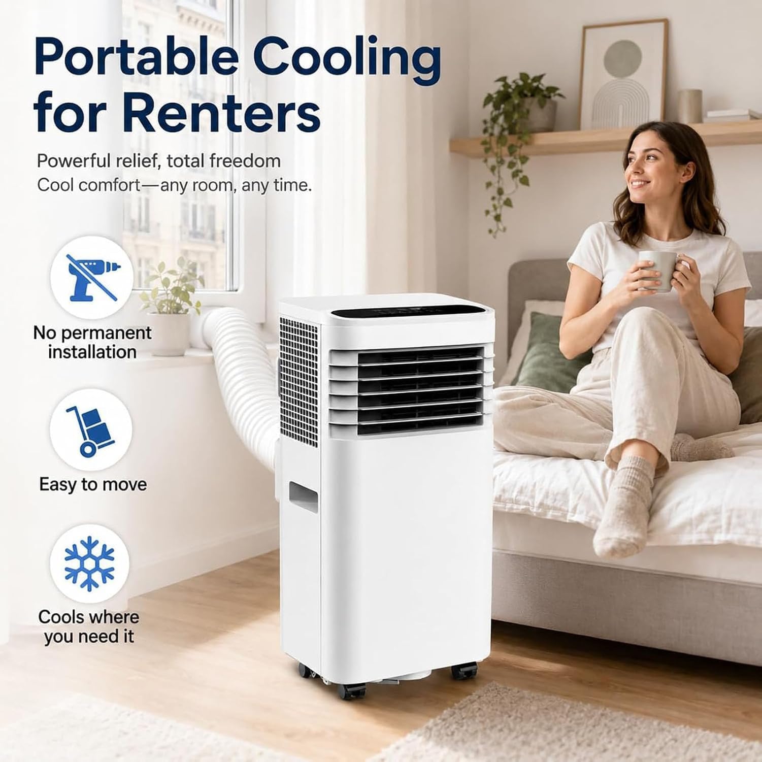 Aire Acondicionado Portátil 3 en 1, Unidad de AC con Manguera de Escape | Modos Frío, Ventilador y Deshumidificador para Dormitorios, Salas y Oficinas en Casa
