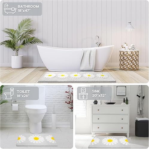 Vista 16 de Tapetes de baño grises, bonitos tapetes de baño con margaritas, microfibra extra suave y absorbente, antideslizante, para baño, ducha, dormitorio
