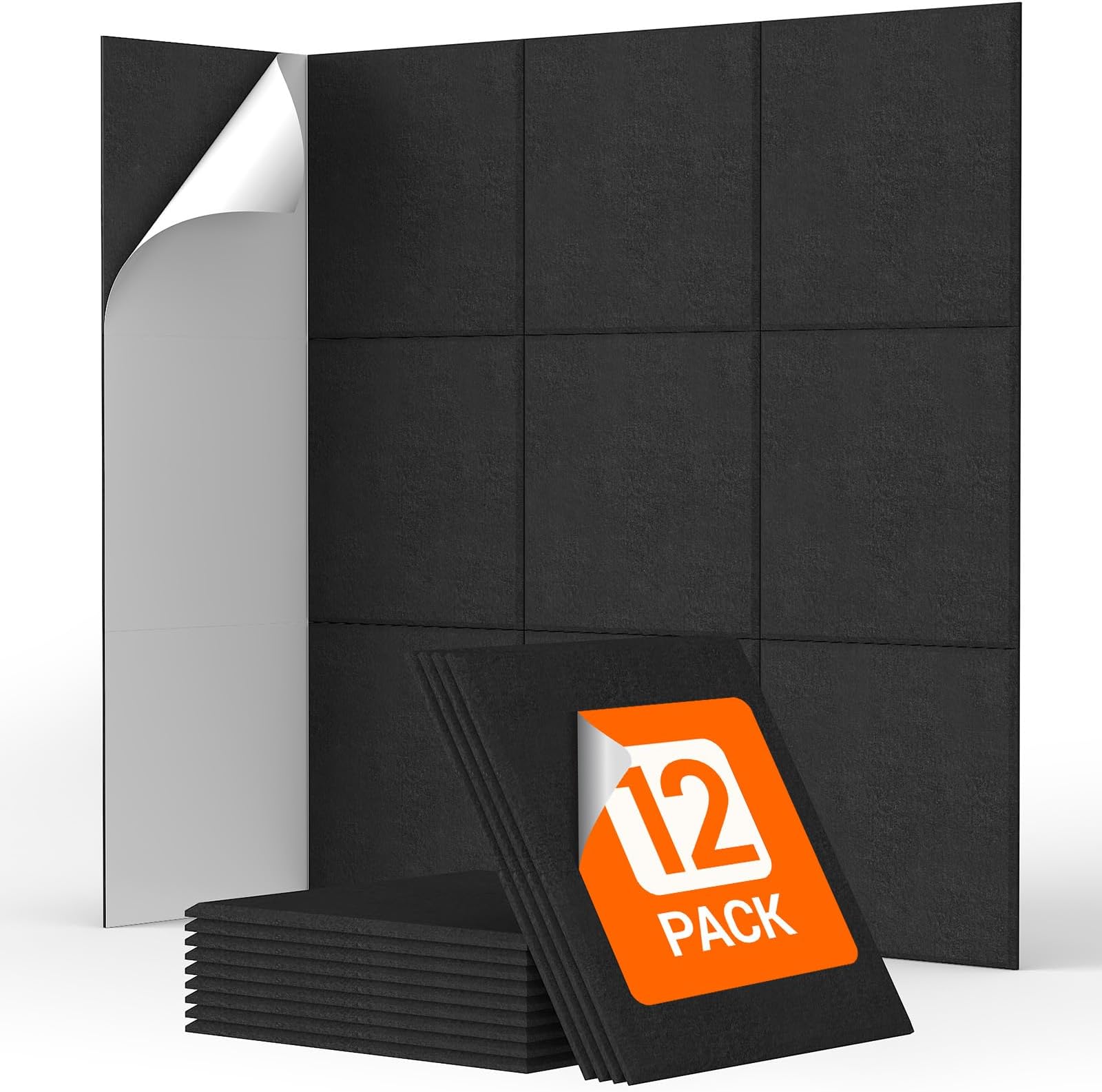 12 Pack Sound Proofing Panels Self-adhesive, TONOR 30x30x0,9cm Square Acoustic Absorbing Panels for Wall, High Density Insulation Soundproofing Panels for Podcast Studio, Living Room, Offices, Black