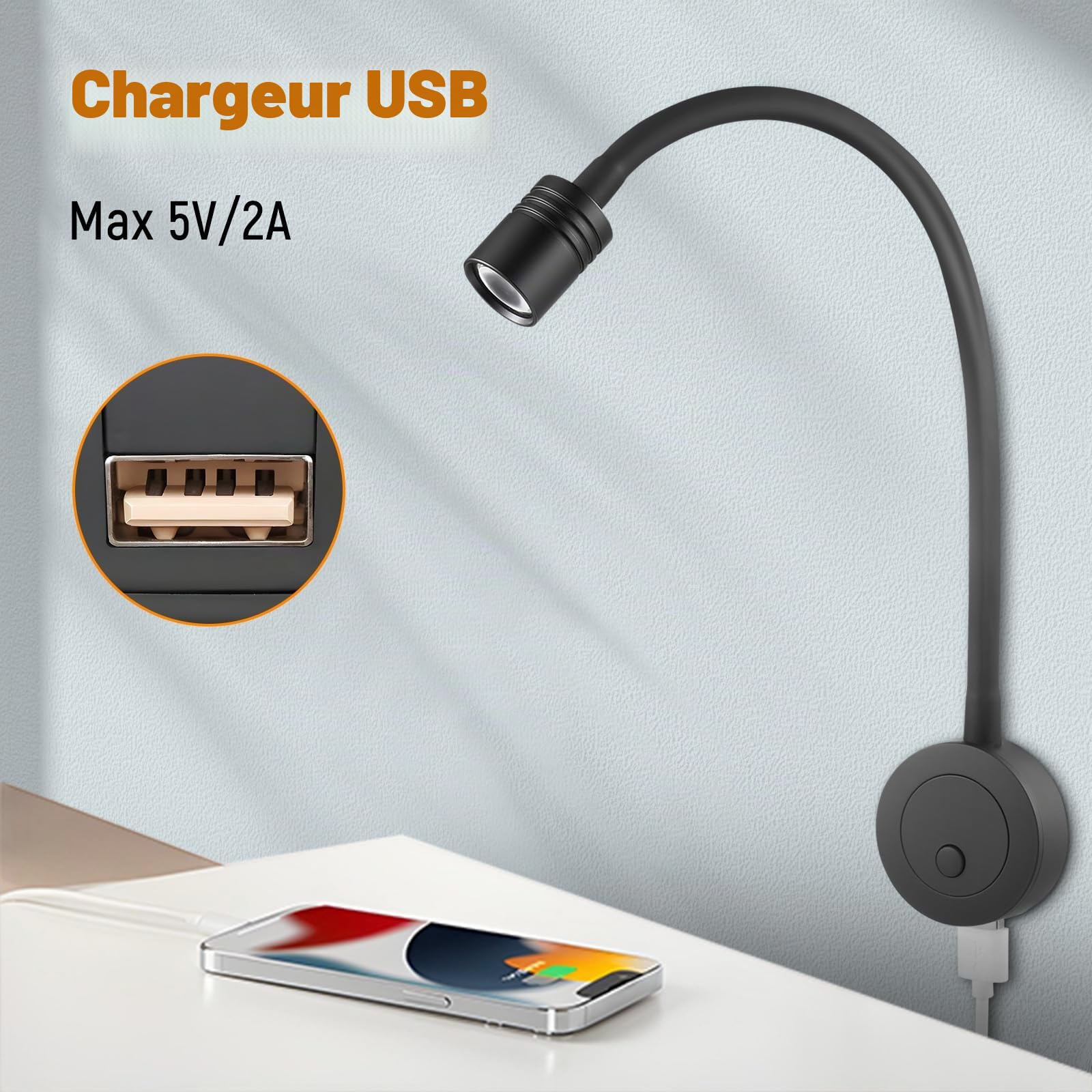 Lampe de Lecture 12V LED Spot Camping-Car Flexible Col de Cygne Luminosité Réglable Applique Murale 3200K pour Bateau Caravane Voiture Camion, avec Chargeur USB&Variateur Interrupteur(Noir)