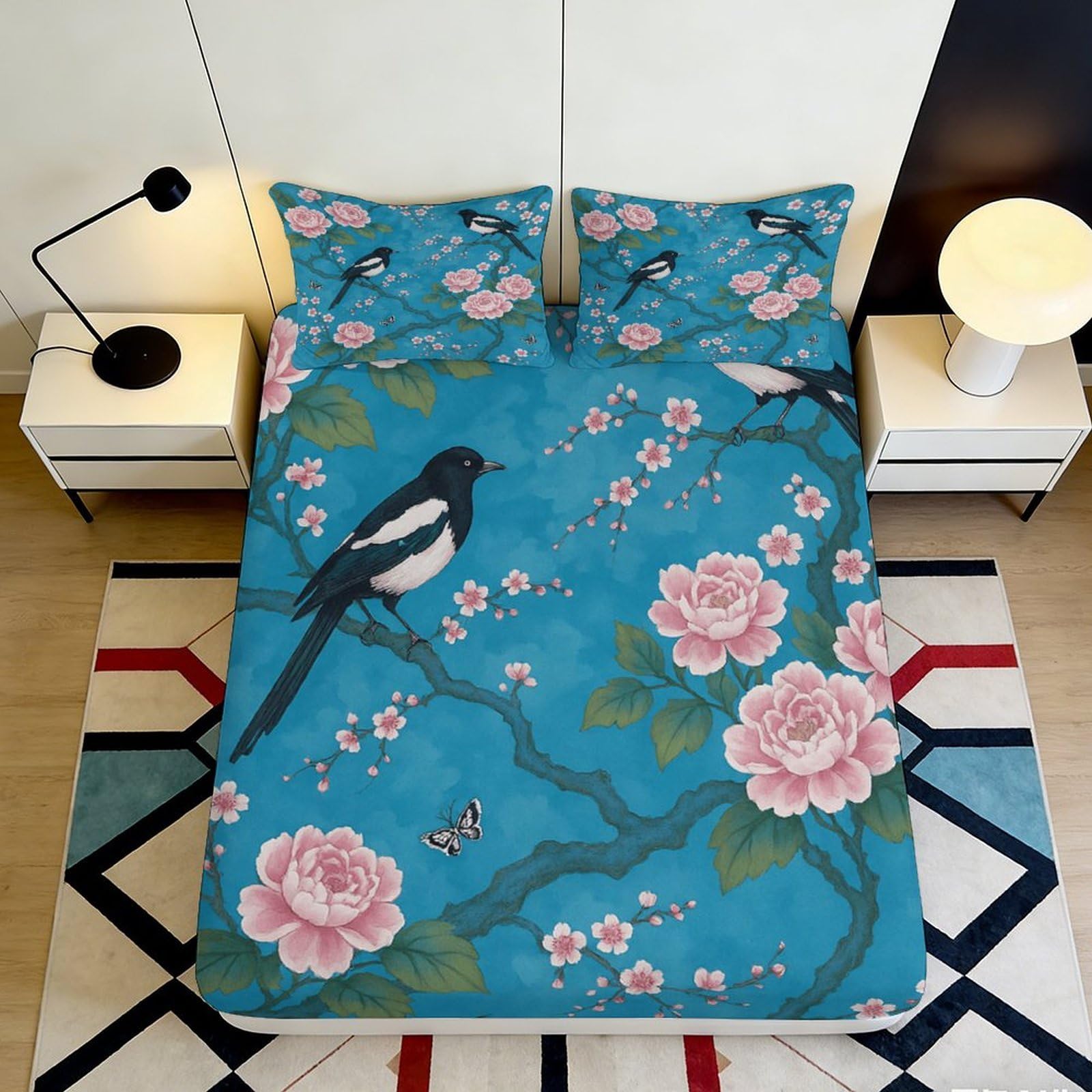 3D Printed Magpie Blossom Fitted Sheet Microfiber Blue Peony Bed Cover Bedroom Dorm Protector Decor 120x200cm 140x200x25cm