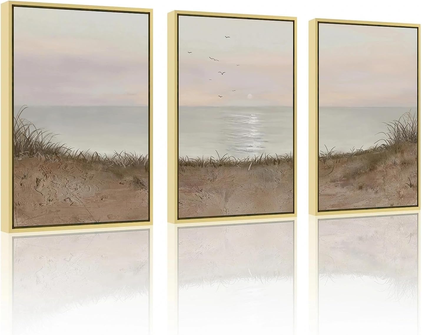 Lianyibo Frameless 3Pieces Neutral Coastal Beach Wall Art Minimalist Canvas Paintings, Fall Seaside Landscape For Living Room Wall Decor(60X90cmx3/Frameless)