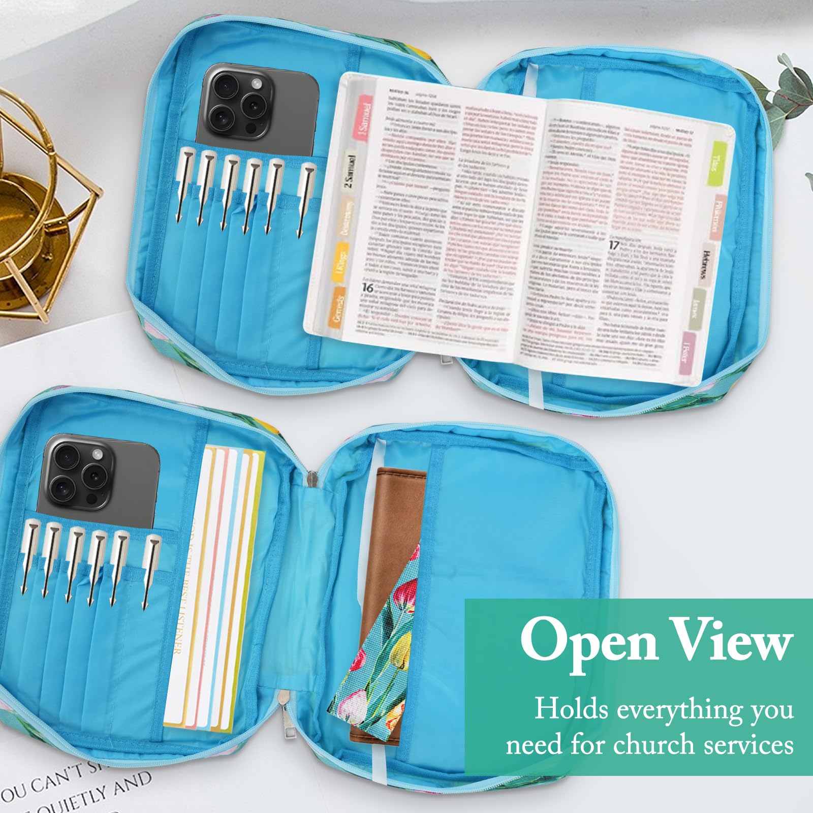 QZDAFFIC Bible Cover Case with Bible Tabs, Dusproof Large Bible Bag for Women Girls, Floral Pattern A5 Diary Cover Zipped Case for Bible Study Accessories (Green) - Image 4