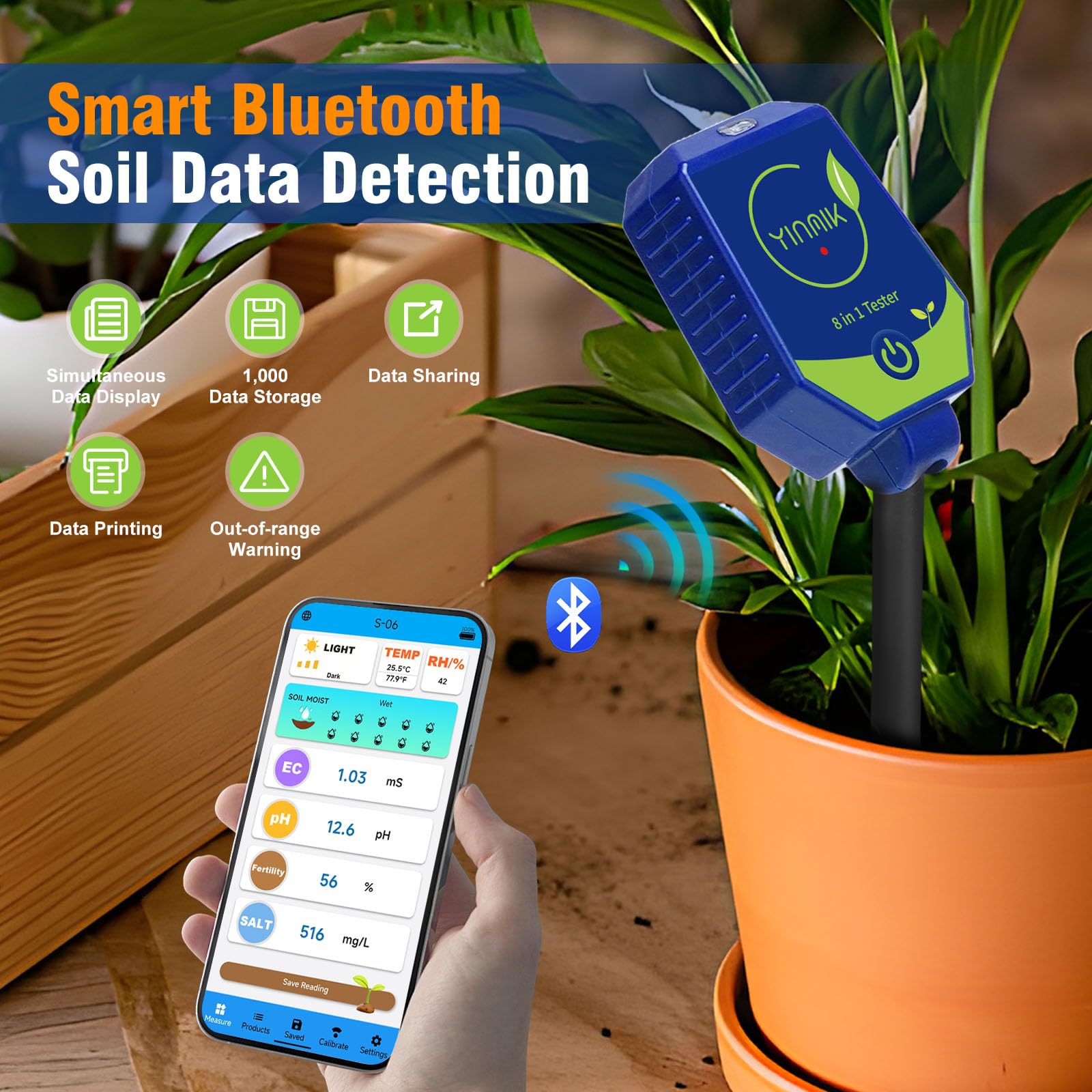 Kit di analisi terreno intelligente, 8 in 1 umidità EC fertilità sale intensità luce solare umidità aria temp pHmetro, pH igrometro per serra giardino fattoria, pH misuratore conduttività per terreno