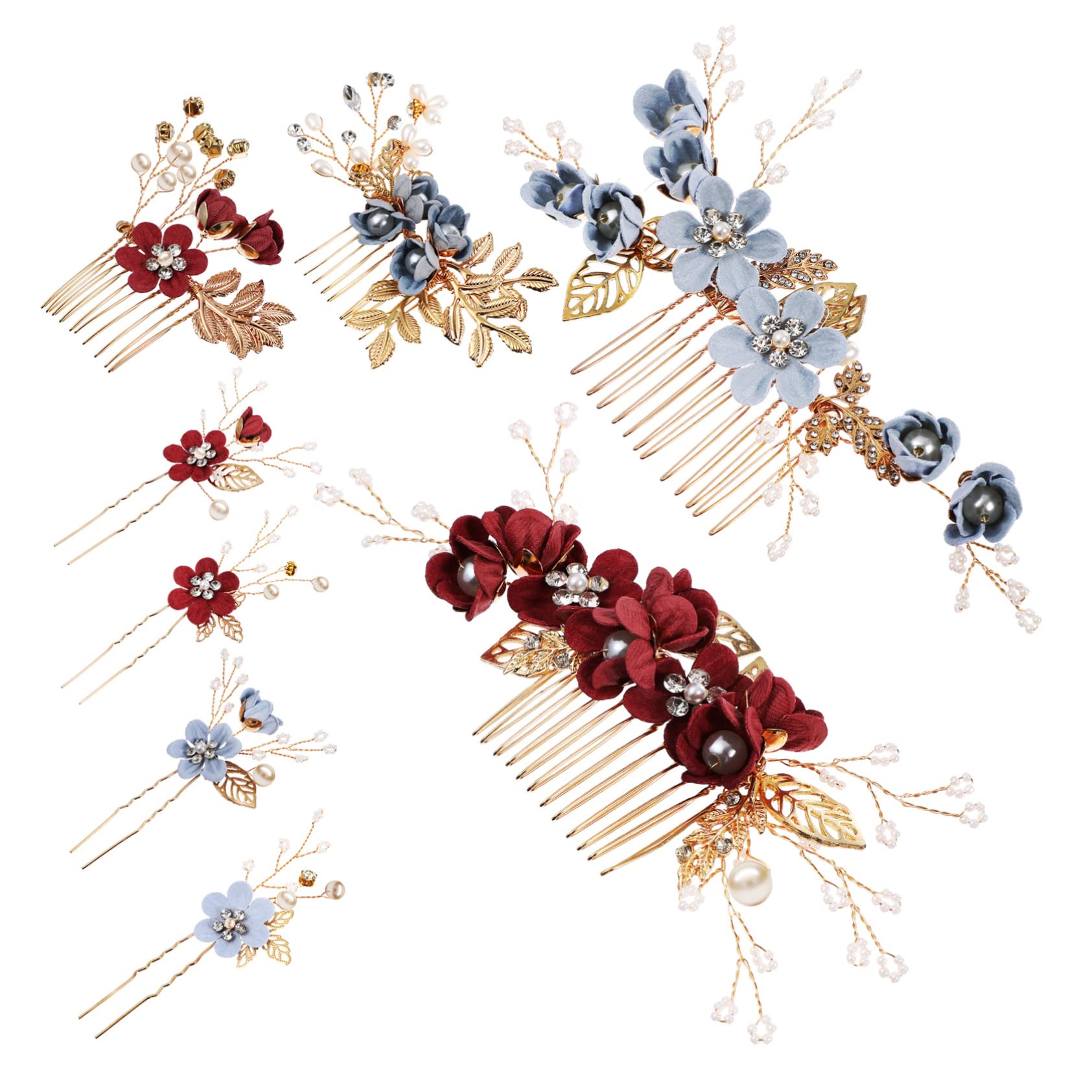 Veemoon 2set Fermagli per Capelli da Sposa Perle Strass Foglie Floreali Pettini Fatti Mano Accessori Delicati per Capelli da Donna per Nozze e Feste