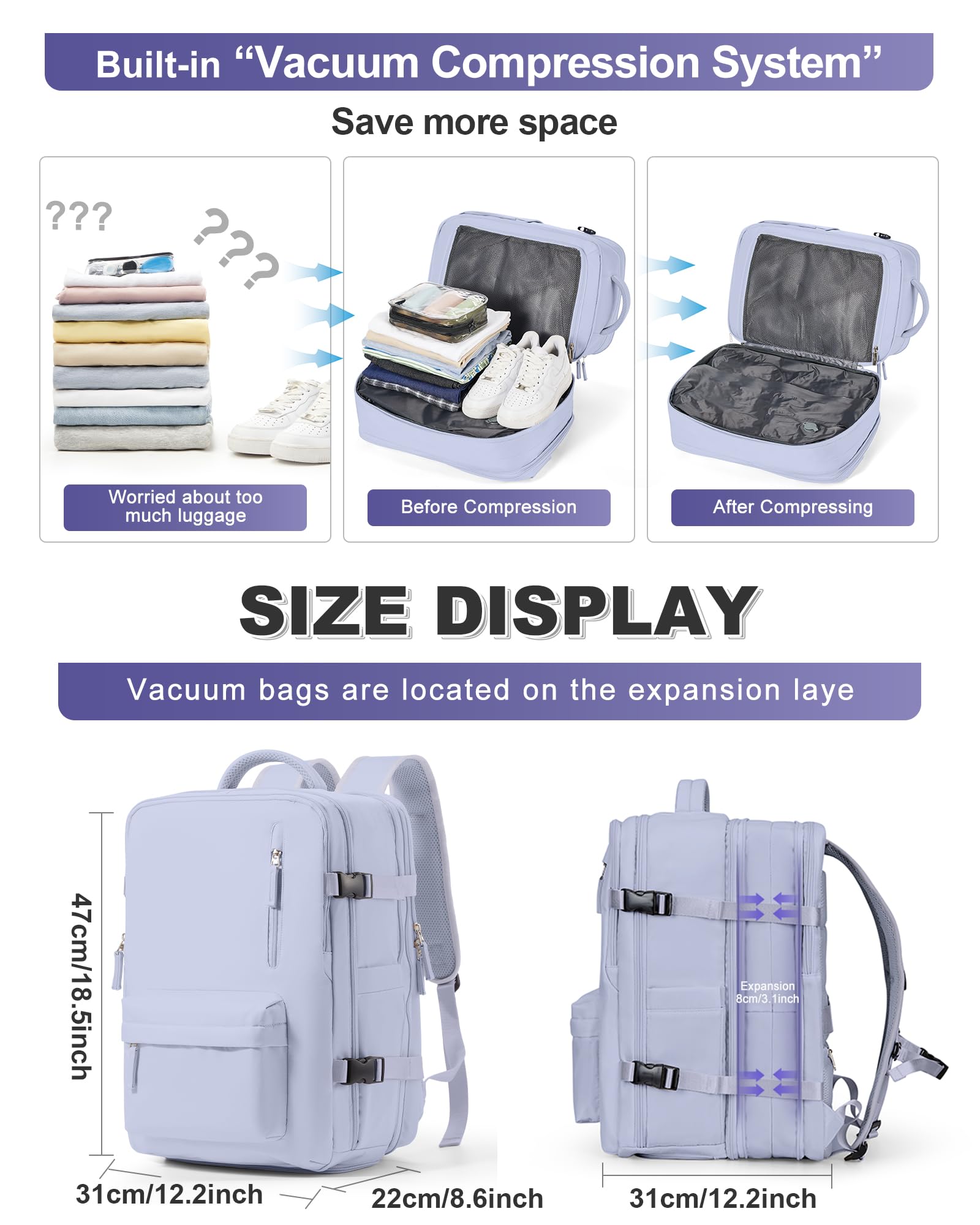 SZLX Zaino Ryanair 40x30x20 Sottovuoto Bagaglio a Mano 40x20x25 Donna Zaino da Viaggio 40x30x20 Wizzair Borse da Cabina per Easyjet 45x36x20 Uomo per Laptop 14 Pollici con Porta USB e Porta Scarpe