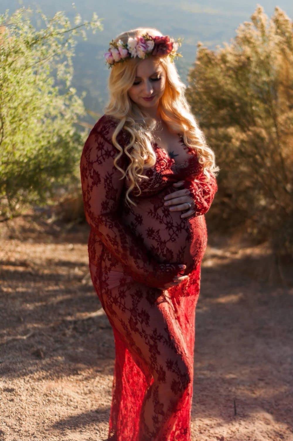 ZIUMUDY Sexy Deep V-Neck Long Sleeve Lace Beach See-Through Maternity Maxi Dress: 4X-Large Wine Red