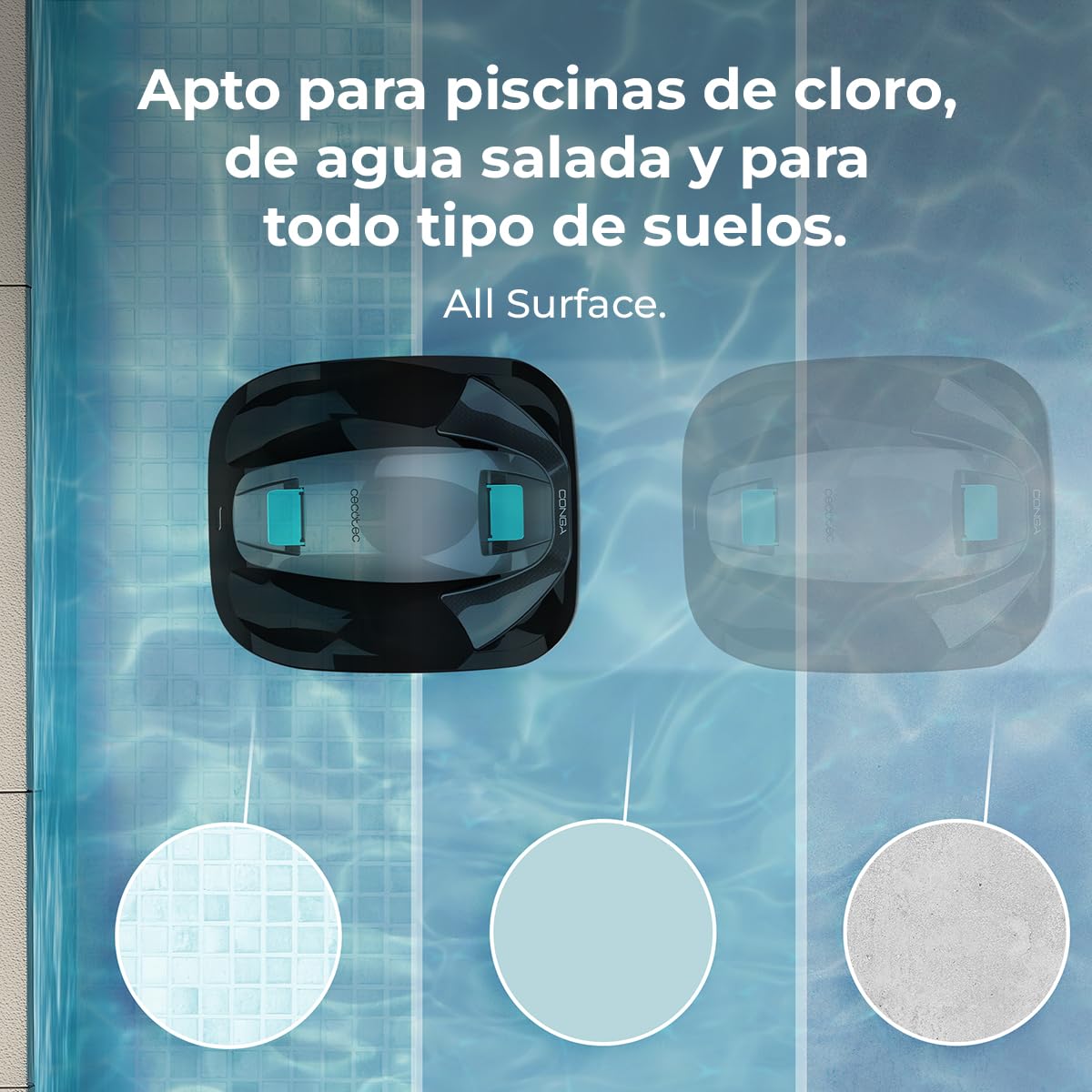 Cecotec Robot Limpiafondos sin Cable para Piscinas sin Pendientes Conga Pooldroid 2000 FloorMaster M. Superficies 80m2, Profundidad Máxima 2,5m, Autonomía 100mins, Filtro Alta Eficiencia 100μm, 2,5L