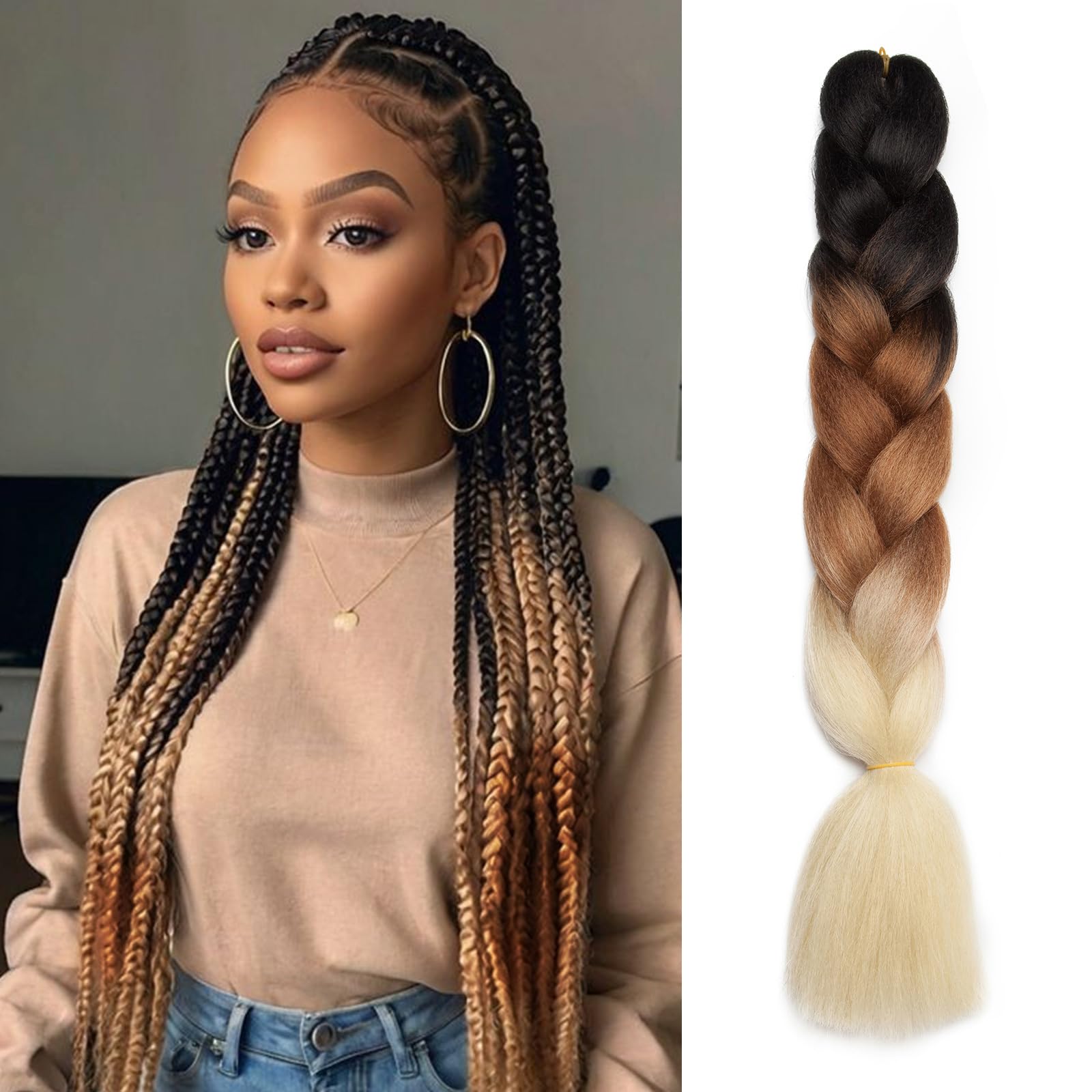 TESS 24 Inch Braiding Hair Festival Accessories DIY Rainbow Twisted Hair Extensions Crochet Synthetic Wig for Women UK 3 Colours #9 Black & Brown & Gold