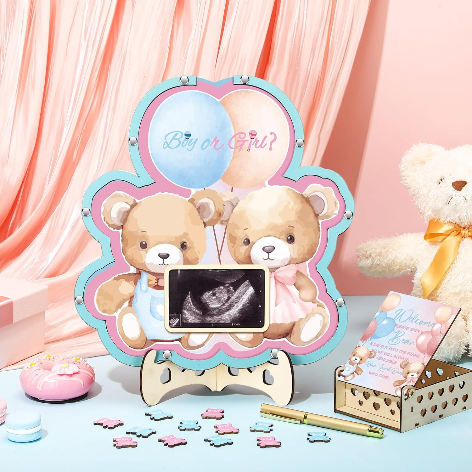 Wenqik 63 Bear Gender Reveal Baby Shower Guest Book Alternatives Set Baby Shower Decorations with Photo Frame Sonogram Frame Keepsake 60 Wood Slices Guest Book for Birthday