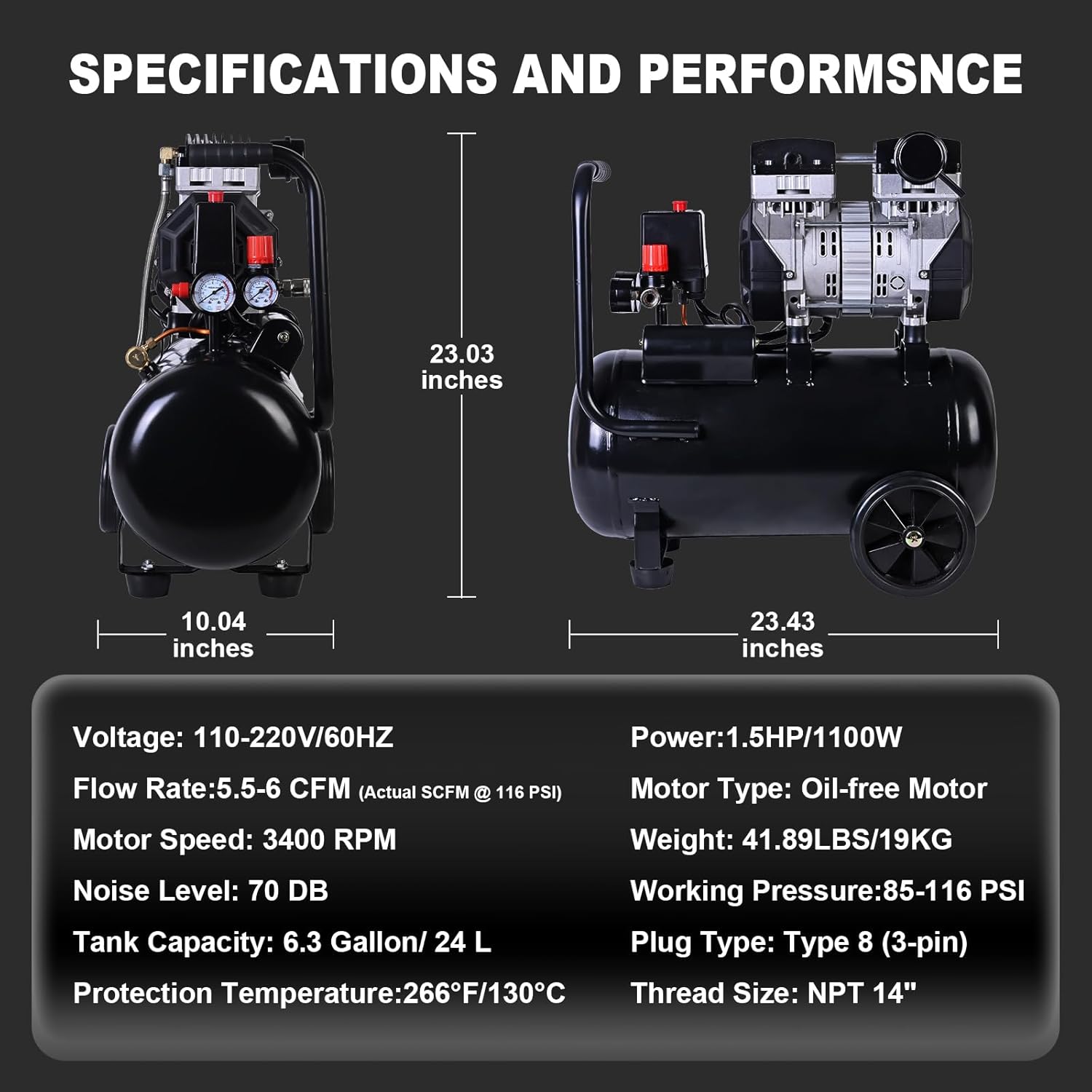 AAIN 6.3 Gallon Air Compressor | 1.5 HP 5.5-6 CFM Displacement Oil-Free Electric Compressor Tank with Max. 116PSI Pressure | 70dB Ultra Quiet for Tire Inflation, Air Blowing, Woodwork Nailing