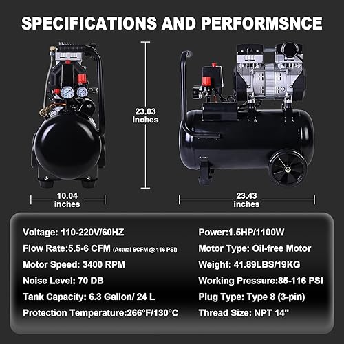 Miniatura 7 de AAIN Compresor de aire de 6.3 galones | Tanque de compresor eléctrico sin aceite de 1.5 HP 5.5-6 CFM de desplazamiento con presión máxima de 116 PSI