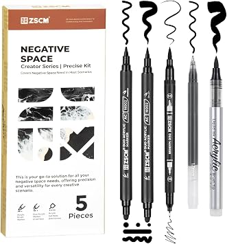 5 Black Acrylic Pens Set, Black Gel Pens, Dual-Tip Acrylic Paint Markers | Opaque Brush Tip Black Acrylic Markers for Highlighting Drawing, Sketching, Illustration, Card Making