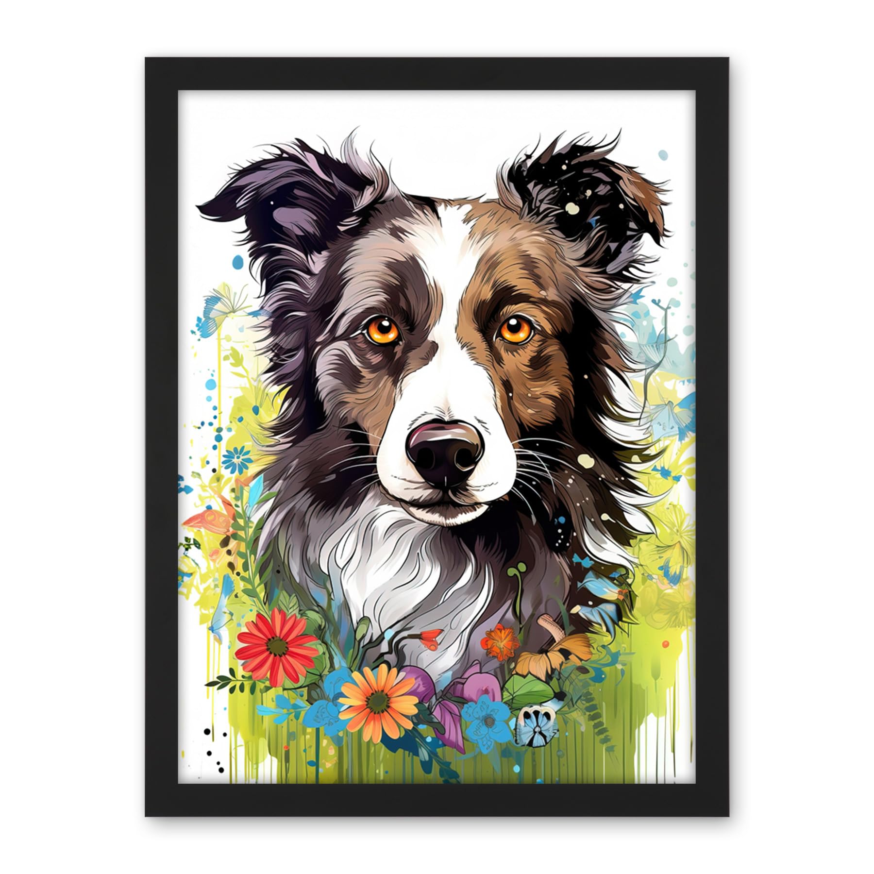 Artery8 Border Collie Dog Bright Watercolour Painting Floral Portrait with Wildflowers and Butterflies Artwork Framed Wall Art Print 18X24 Inch