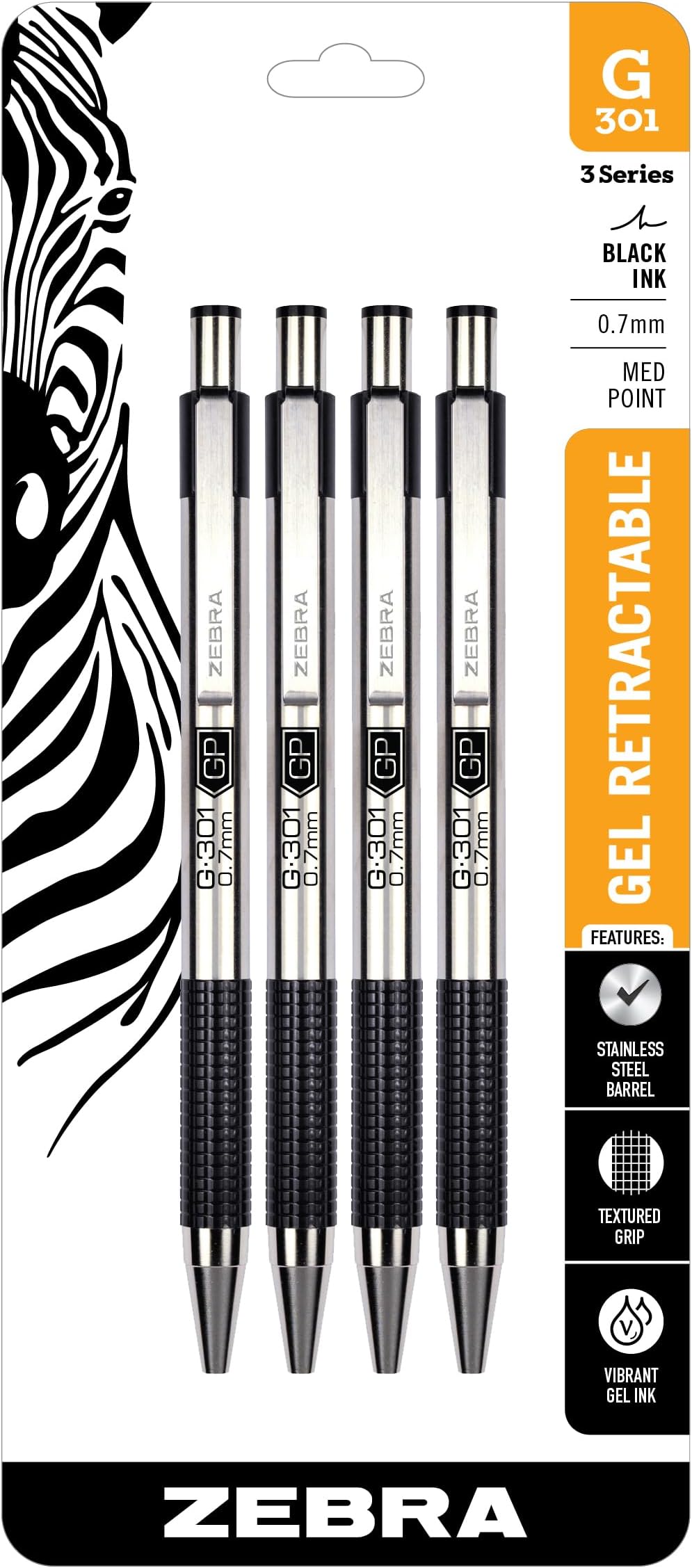 G-301 Retractable Gel Pen, 0.7mm Medium Point, Stainless Steel Barrel, Textured Grip, Easy Glide Ink Provides a Smooth and Skipless Writing Experience, Black Ink, 4-Pack (41314)
