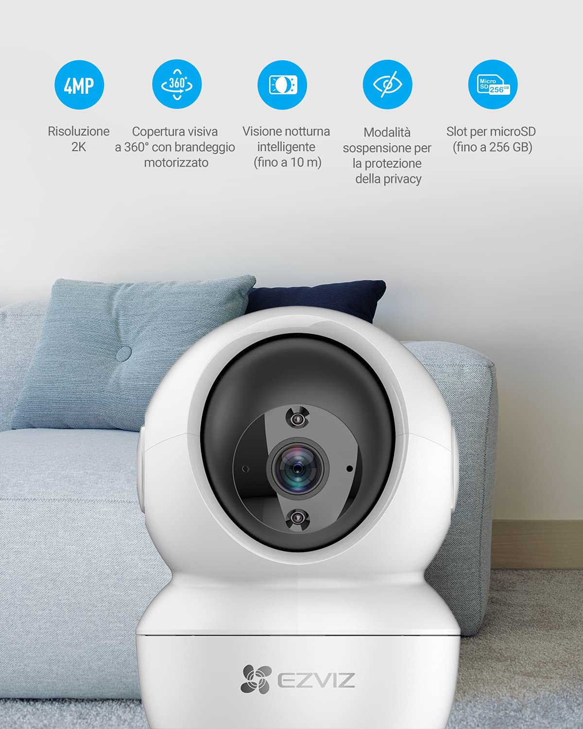 EZVIZ C6N Telecamera Wi-Fi Interno 2K Plus Videocamera Sorveglianza Interno 4MP Pan/Tilt/Zoom Compatibile Alexa, Rotazione a 360°, Visione Notturna, Tracciamento del Movimento e Audio Bi-direzionale