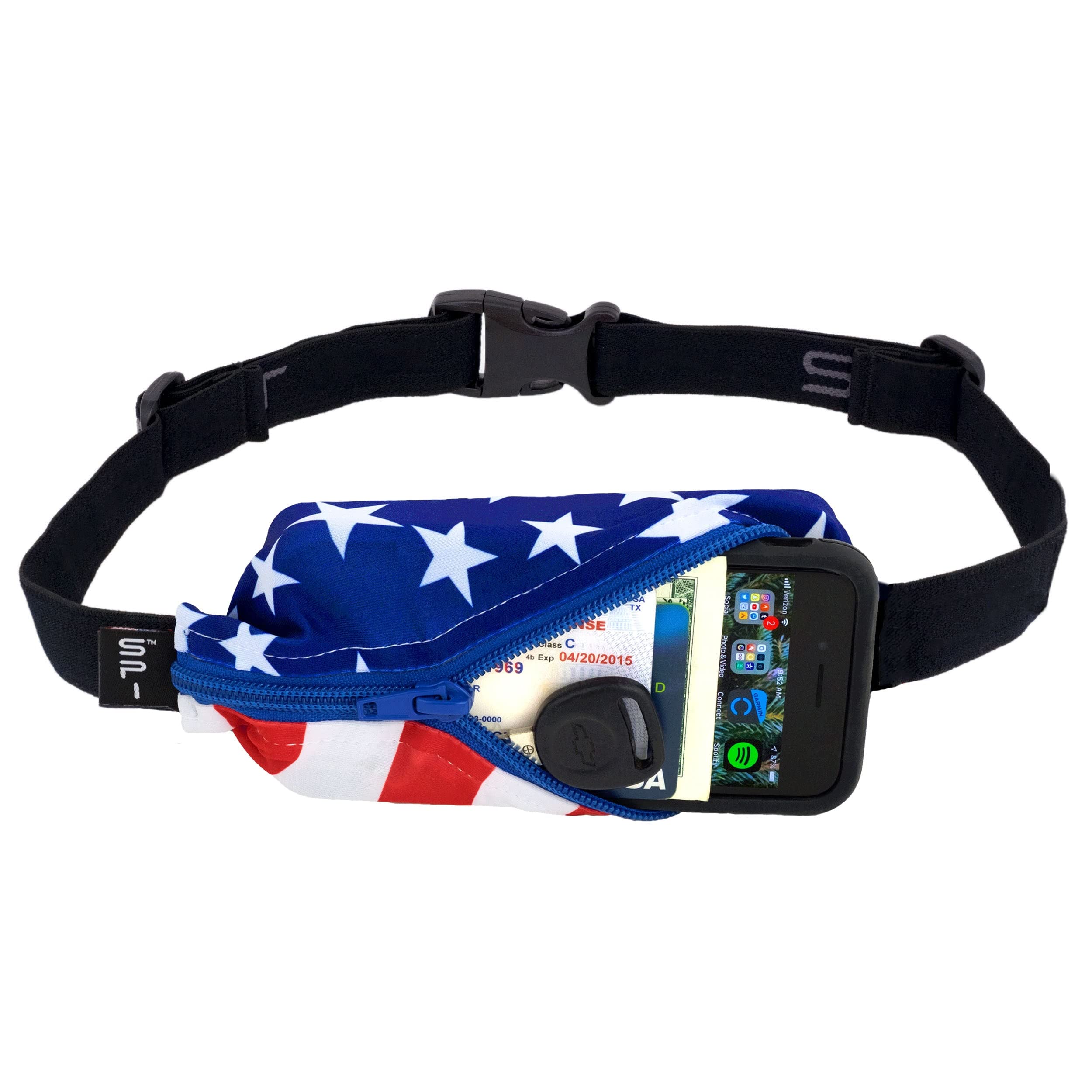 SPIbelt Running Belt Original for Women Men, Phone Holder for Running, Running Fanny Pack, Holder for Phone, Running Waist Pack, Adjustable Waist, [Fits All Phones]. Stars and Stripes with Blue Zipper