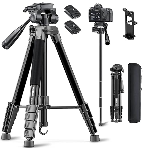 CAMBOFOTO 72" Camera Tripod and Monopod with Center Colum with Photography Sandbag, Horizontal Central Axis Professional Aluminum Tripod Stand for DSLR/Camcorder/GoPro, with Phone Holder/Travel Bag