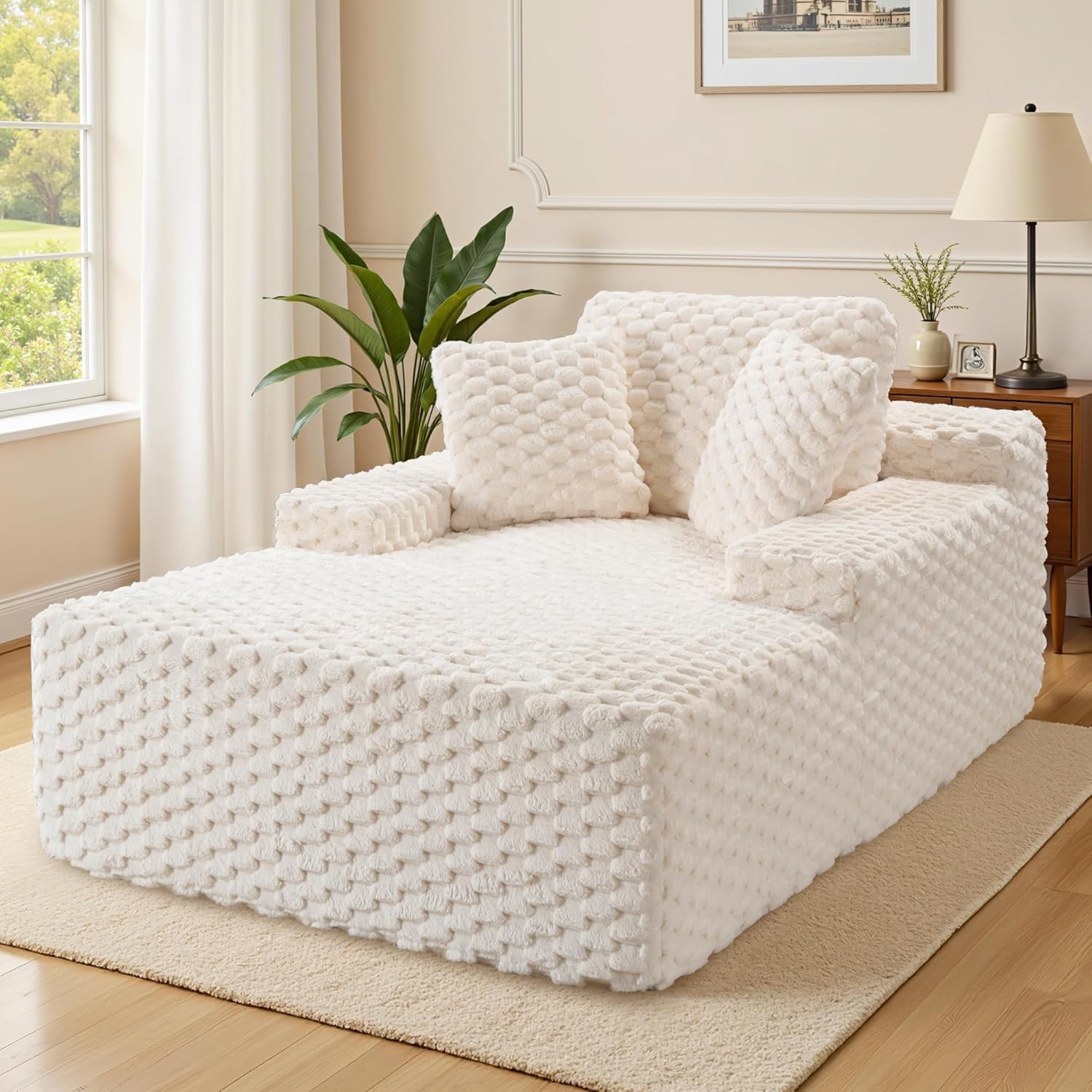 Jocisland 67 inch Chaise Lounge, No-Assembly Sofa Chaise with Throw Pillows and Armrests, Faux Fur Sleeper Sofa for Living Room, Apartments, Beige