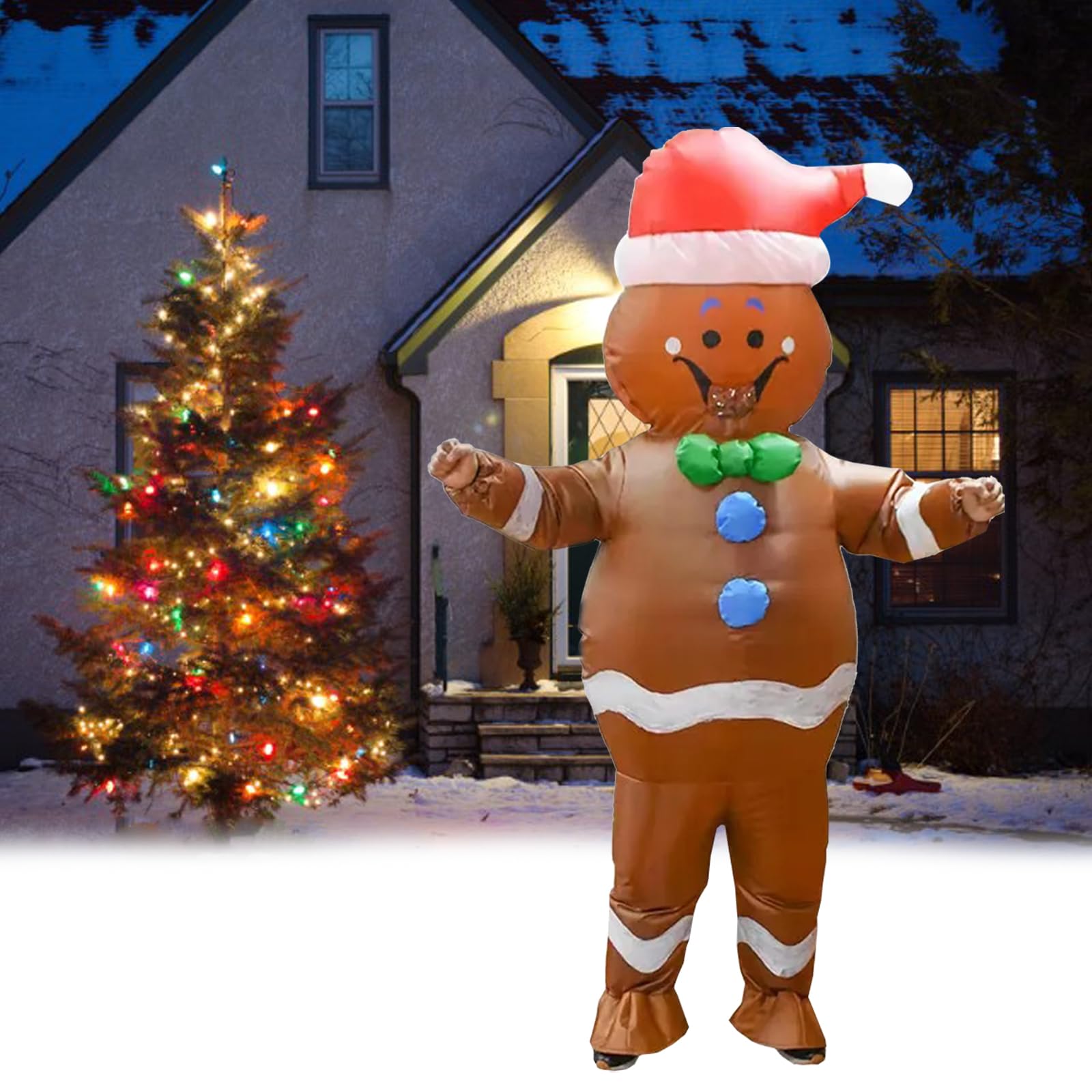 Aufblasbarer Weihnachts Kostüm, Lebkuchenmann Aufblasbares Kostüm für Erwachsene Aufblasbare für Halloween Party Geburtstag Weihnachten Cosplay Einfaches An und Ausziehen Batterie oder USB Angetrieben