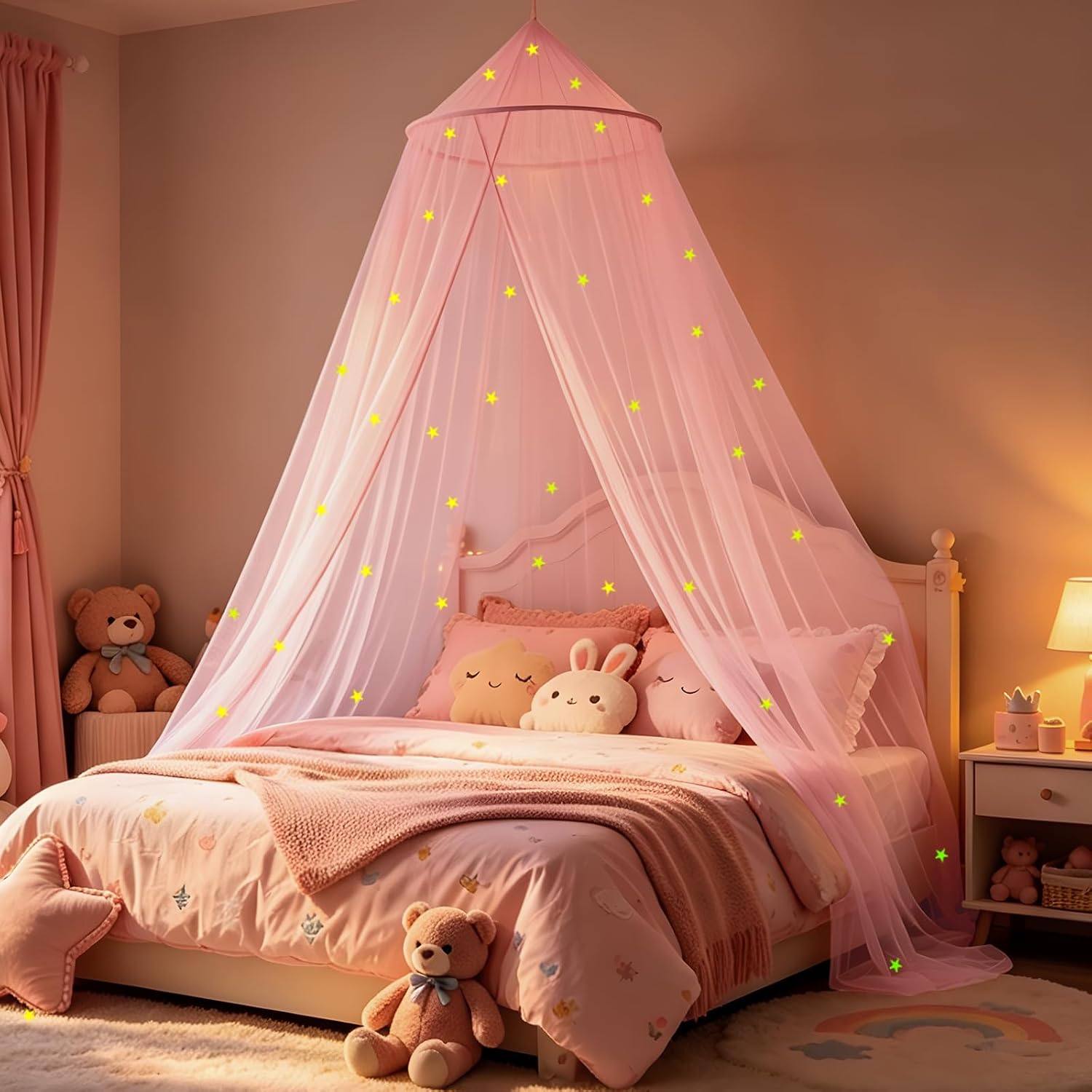 Glowing Stars Pink Bed Canopy for Princess Netting Room Decor Canopy for Girls Bed Mosquito Net Canopy Bed for Twin Full Queen Bed Curtains Hanging Ceiling