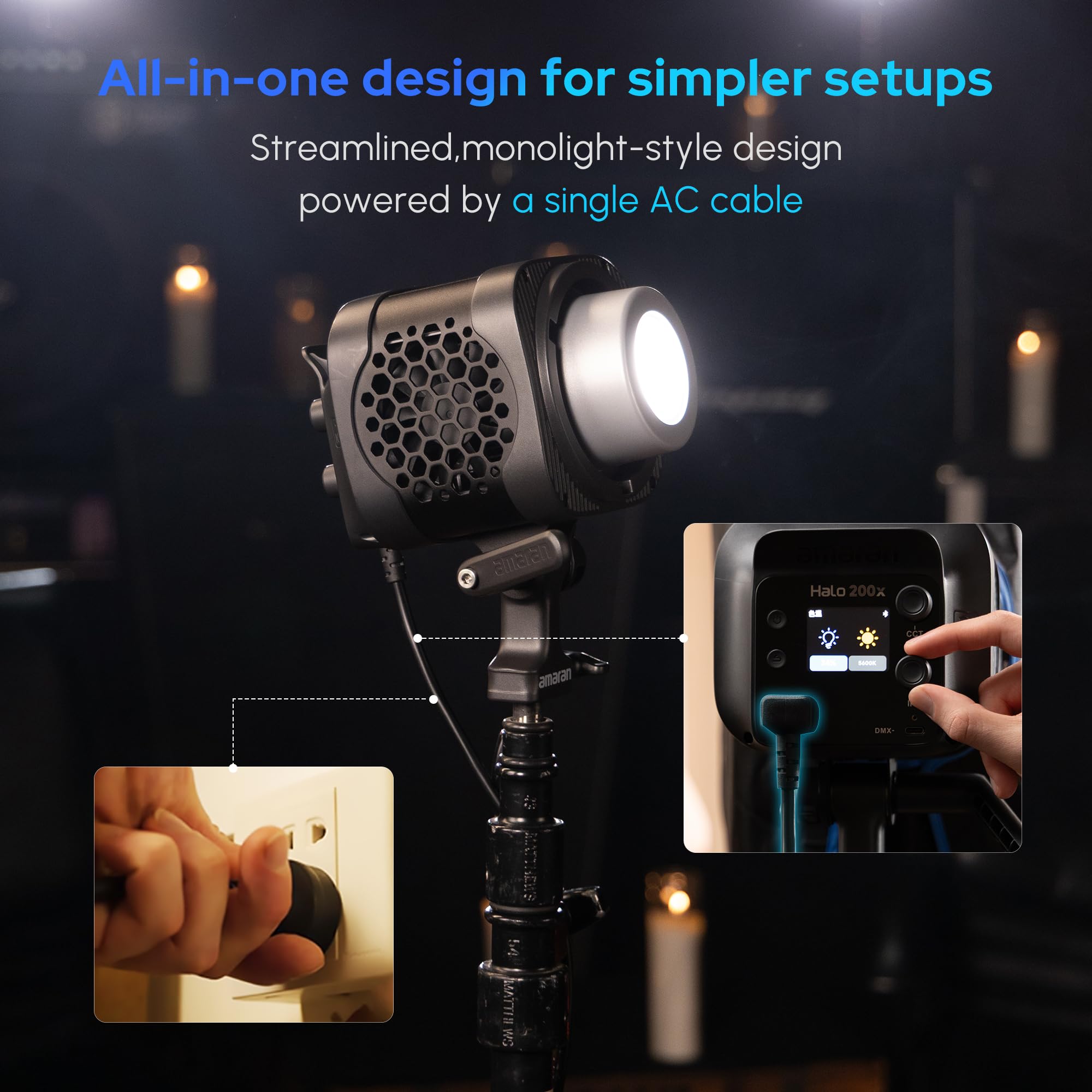 Amaran Halo 200 x 200 W LED-owa lampa wideo, dwukolorowa, 2700 K-6500 K, Bowens Mount, COB, kompaktowa, sterowanie przez aplikację DMX NFC