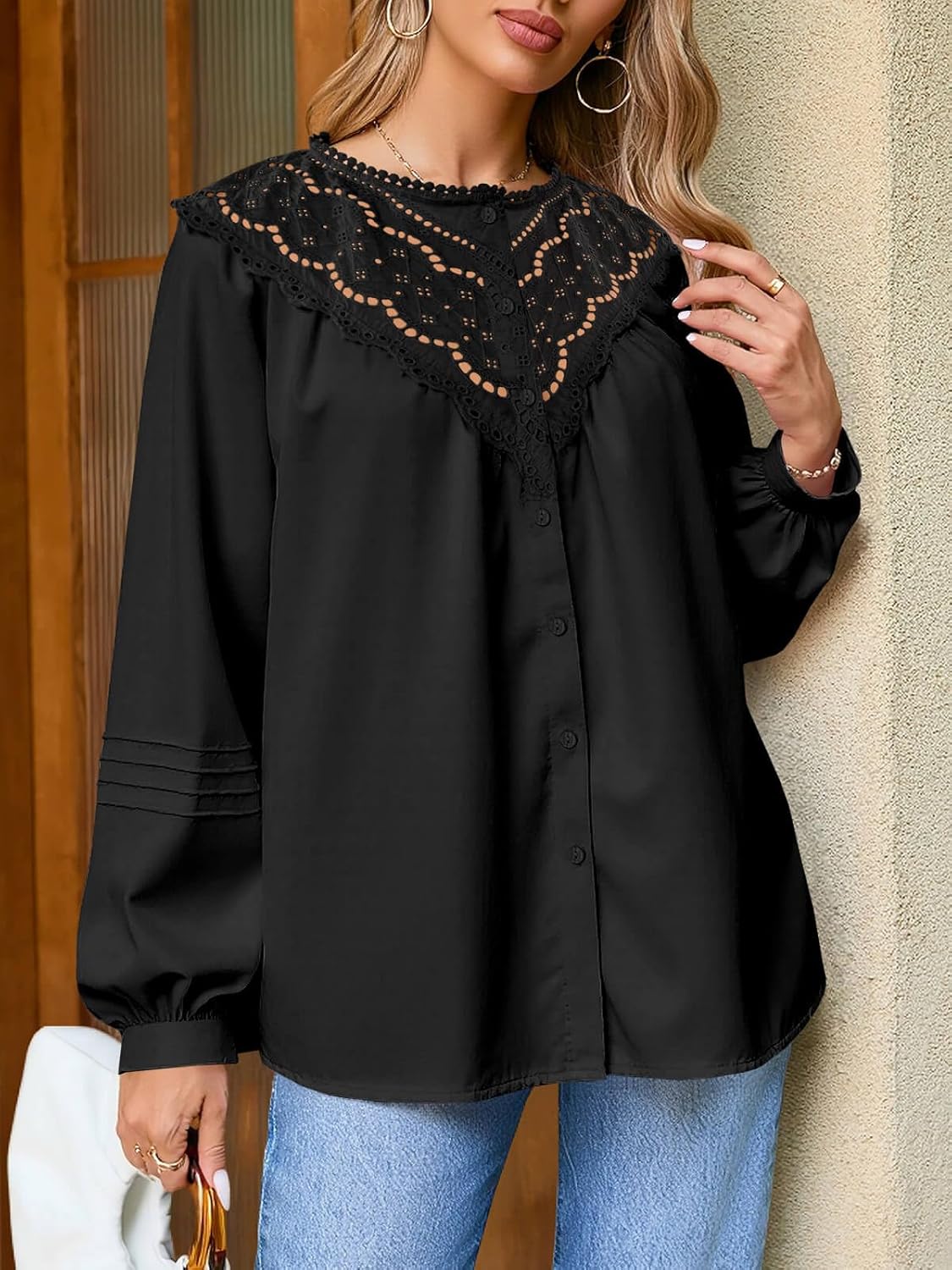 Tankaneo Womens Lace Button Down Shirts Puff Long Sleeve Babydoll Blouses Dressy Casual Crew Neck Pleated Loose Fit Tops - Image 4