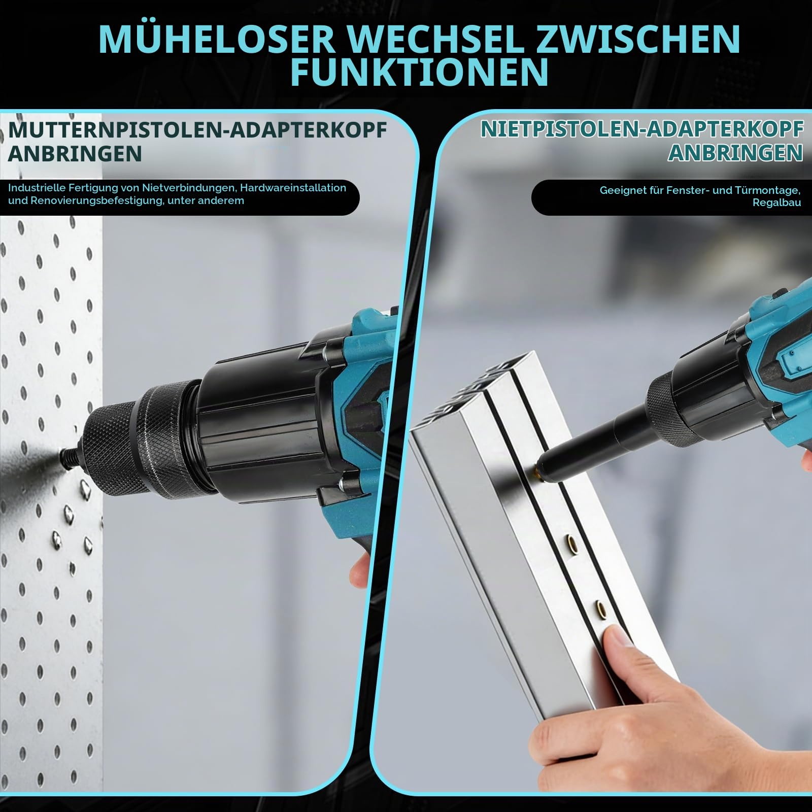 LIROPAU Akku Nietzange Kompatibel mit Makita 18V Akku | 2 in 1 Elektrische Nietmutterpistole mit Mundstücken M6/M8 und Handschuhe für 2,4-4,8 mm Nieten (ohne Akku, ohne Ladegerät)