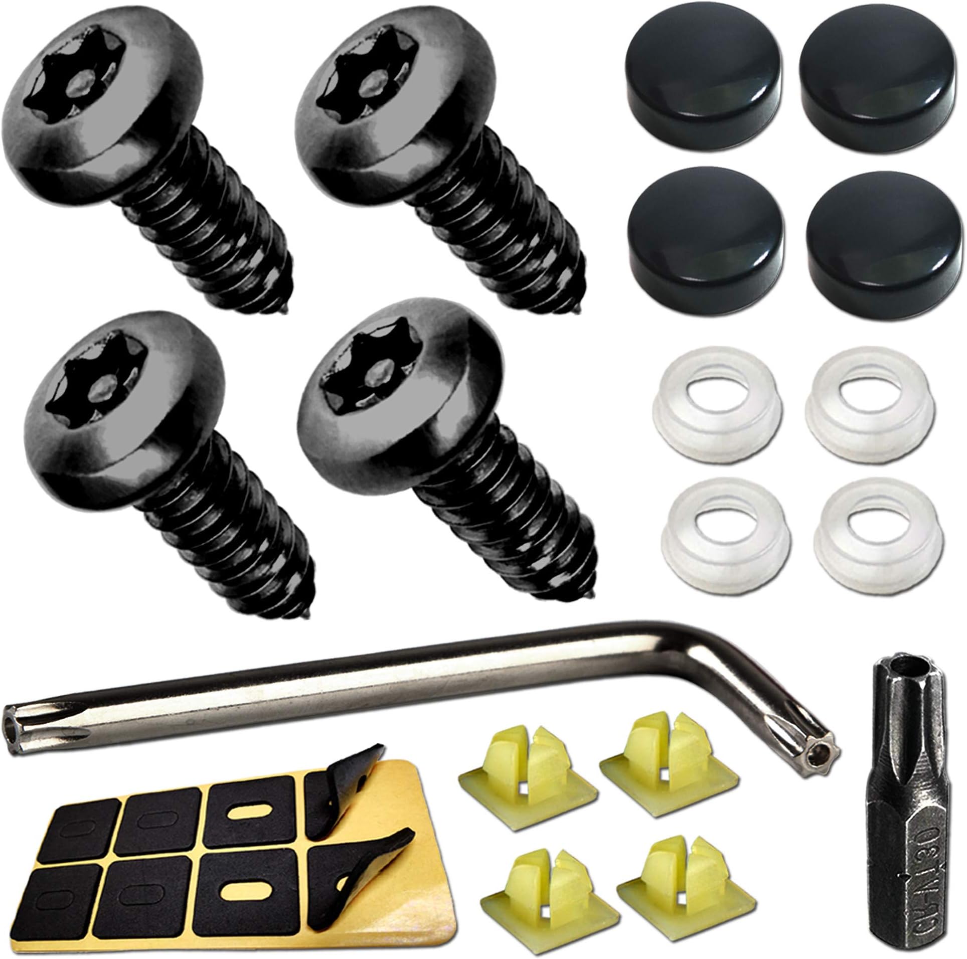 Aootf Black License Plate Screws- Anti Theft Screws for Car Tag Frame Cover, Stainless Steel Mounting Hardware Kit for Front/Rear, M6 Security Screws, Caps, Fasteners Plug-in, Rattle Proof Pads