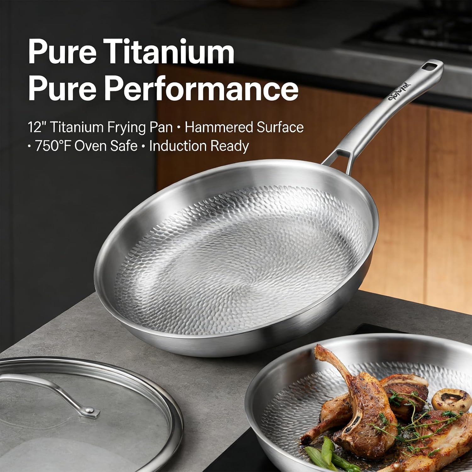 Titanium Frying Pan with Lid, Pure Titanium Cookware for Daily Use, Hammered Titanium Pans for Cooking, Scratch Resistant, Induction Ready & Oven Safe to 750°F (8.6in,with lid)