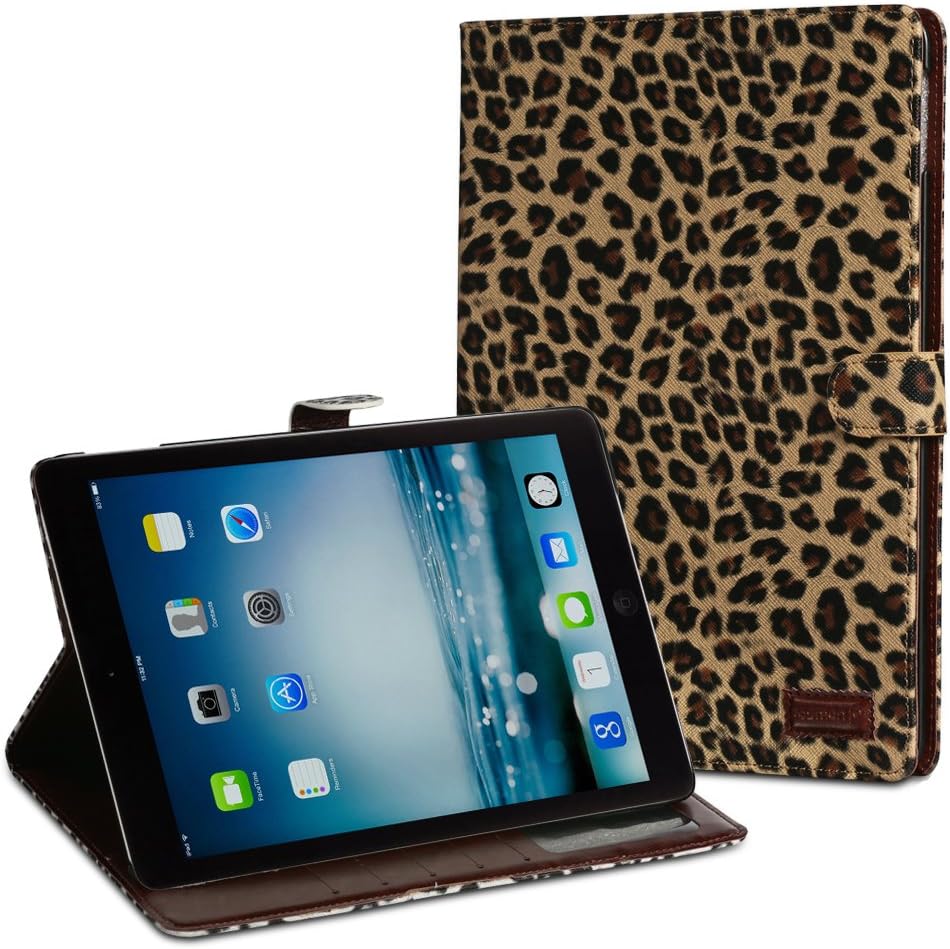 iPad Air 2 Leopard Skin Case - Fosmon CADDY-LEOPARD Leather Wallet Flip Cover Case for Apple iPad Air 2 (2014) - Brown