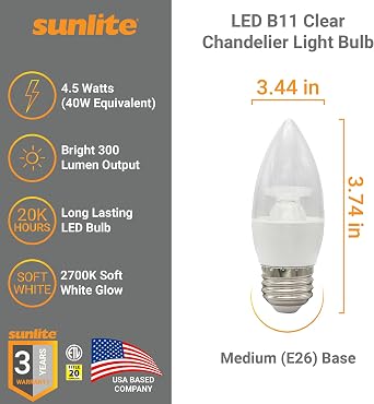Sunlite LED B11 Clear Chandelier Light Bulb, 4.5 Watts (40W), 300 Lumens, 120 Volts, Dimmable, Medium E26 Base, 90 CRI, ETL Listed, Torpedo Tip, 2700K Warm White, 1 Pack