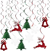 Christmas Hanging Swirls Decoration, 30pcs Christmas Ceiling Decorations, Spiral Streamer Christmas Tree, Snowflake, Bell, Reindeer for Indoor Outdoor Christmas Party Xmas Decor Supplies