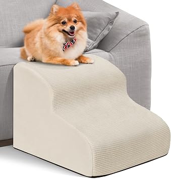 Dog Ramp Stairs 2 Steps for Small Dogs and Cats Light Beige, Pet Dog Ladder for Sofa Bed, Dogs Cats Ladder Non-Slip Foam with Removable and Washable Plush Cover, Send Lint Roller Set