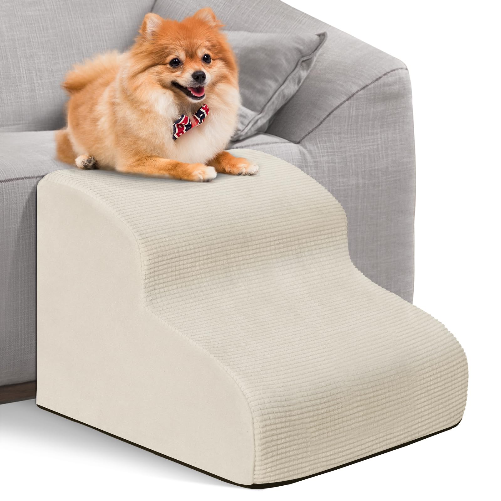Escaleras de rampa de 2 escalones para perros pequeños y gatos, beige claro, escalera de espuma antideslizante con funda de pana lavable a máquina