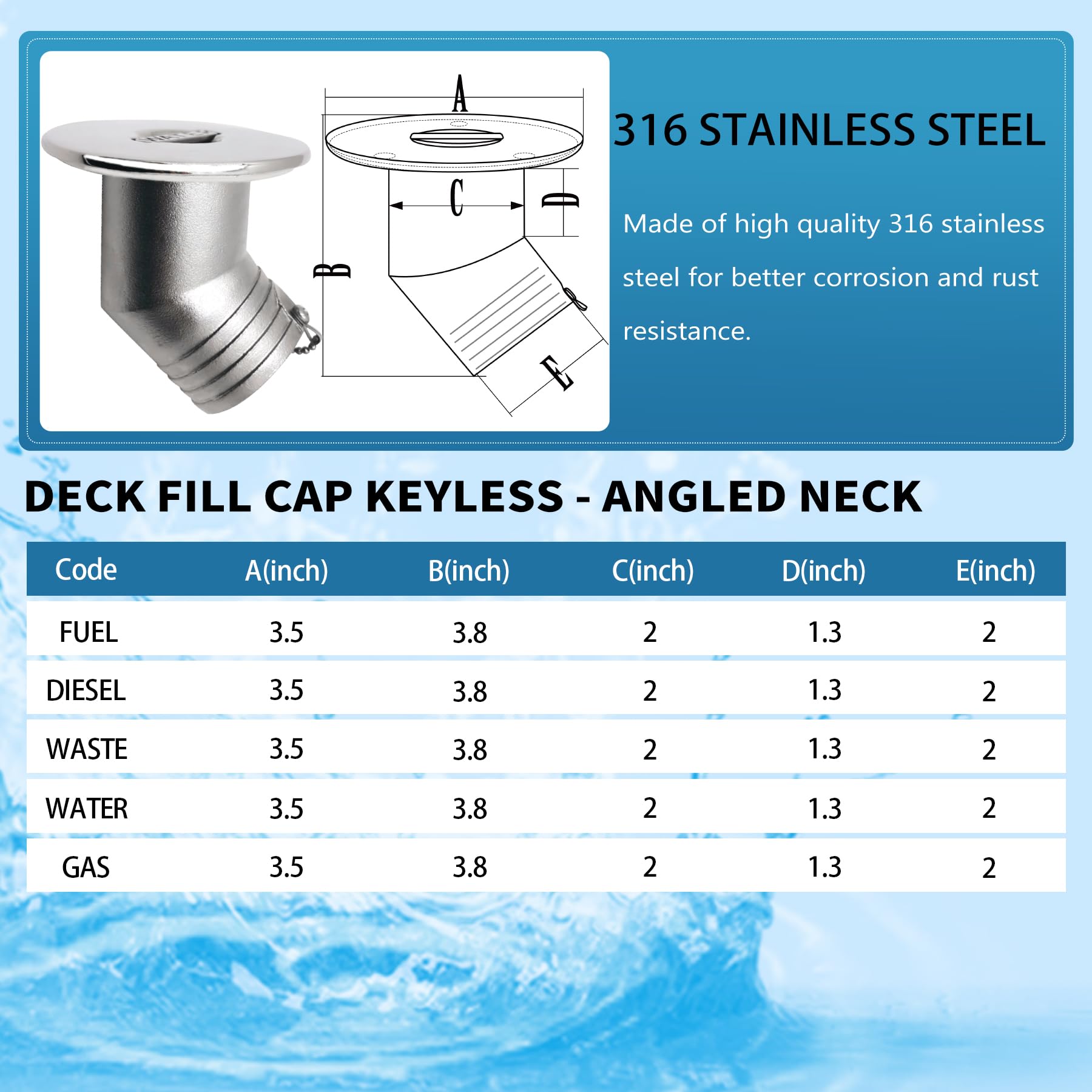 SHENGHUISS Boat Deck Fuel/Gas/Water/Waste Fill/Filler Tank Key Marine 316 Stainless Steel Deck Filler Marine Hardware for Yacht Caravan 2 inch B-FUEL
