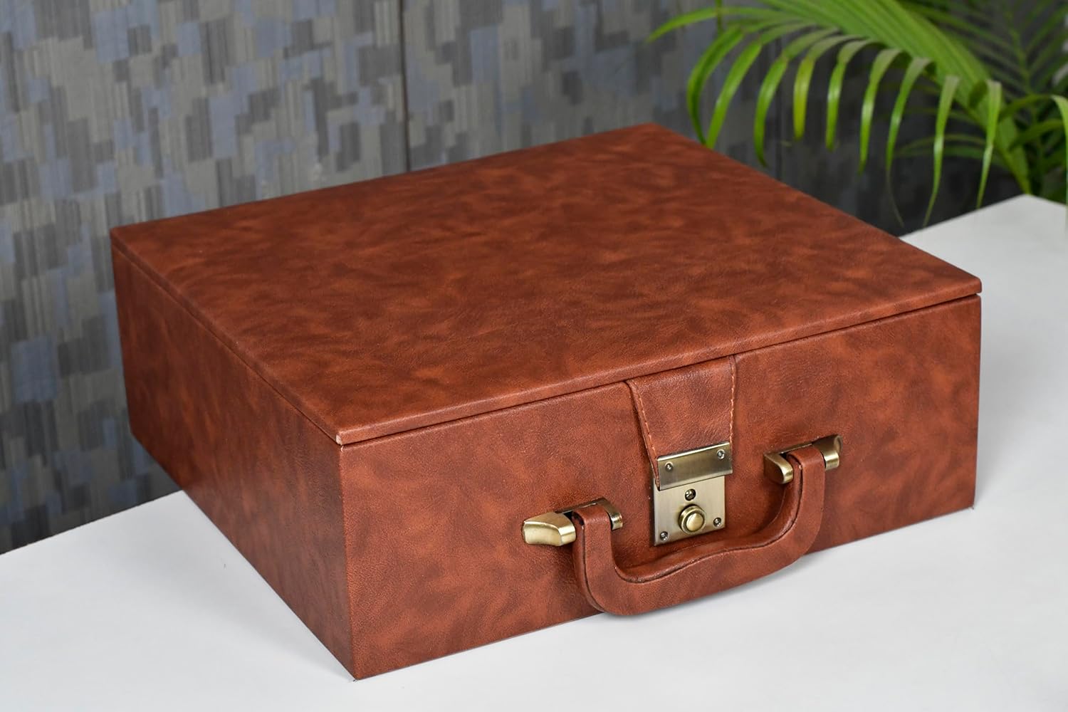 Brown Leatherette Chess Set Storage Box Coffer with Double Tray Fixed Slots for 3.75" - 4.1" Pieces