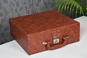 Brown Leatherette Chess Set Storage Box Coffer with Double Tray Fixed Slots for 3.75" - 4.1" Pieces