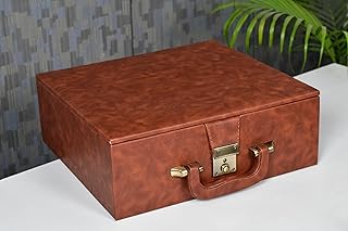 Brown Leatherette Chess Set Storage Box Coffer with Double Tray Fixed Slots for 3.75" - 4.1" Pieces