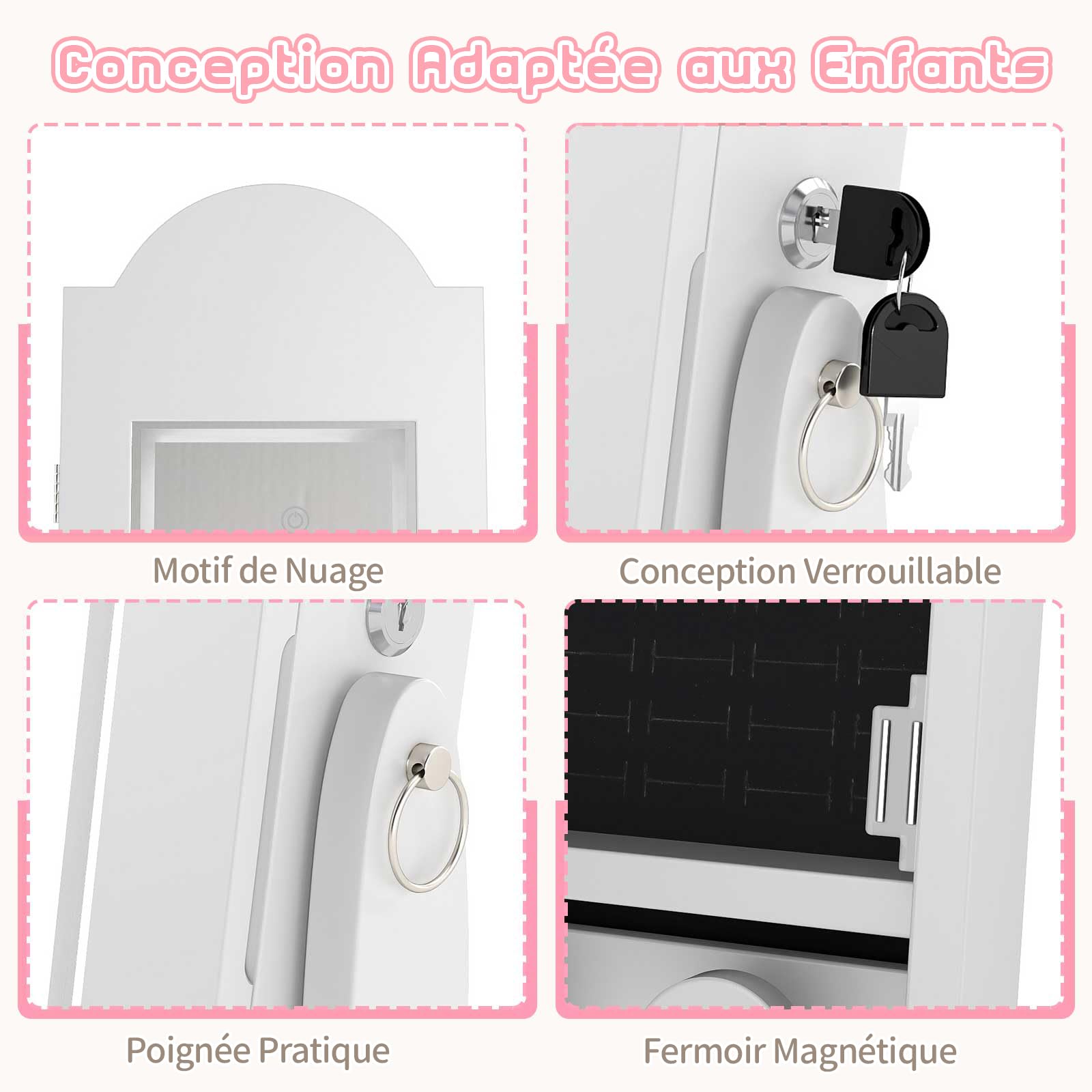 COSTWAY Armoire à Bijoux Enfant avec Miroir Éclairé et Tiroir, Organisateur de Bijoux en Forme Nuage avec Dispositif Anti-basculement, 2 Angles d'Inclinaison, Miroir Pleine Longueur, 3 Ans+ (Blanc)